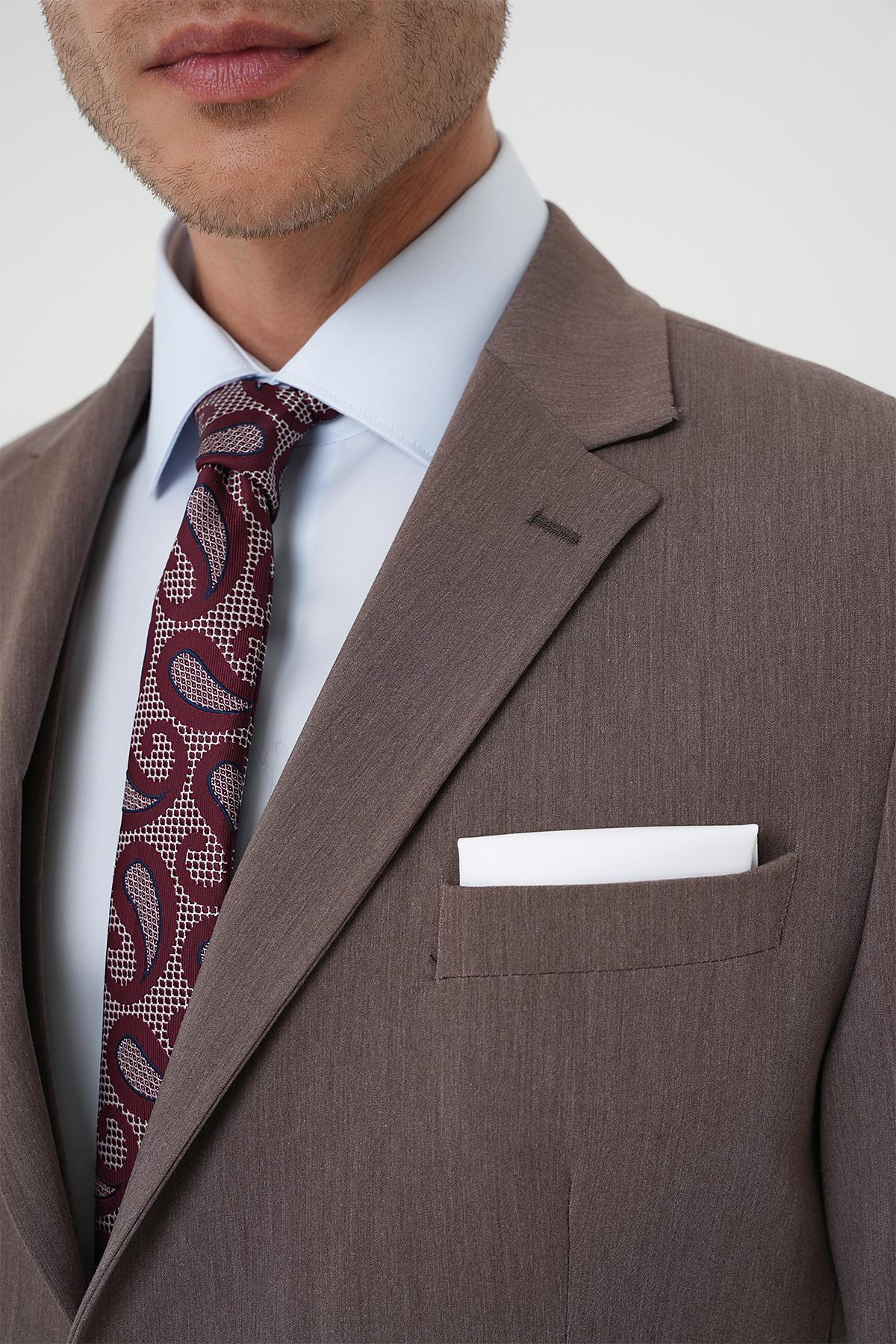 Slim Fit Esnek Çift Yırtmaç Yelekli Düz Klasik Vizon Takım Elbise  Tk 901