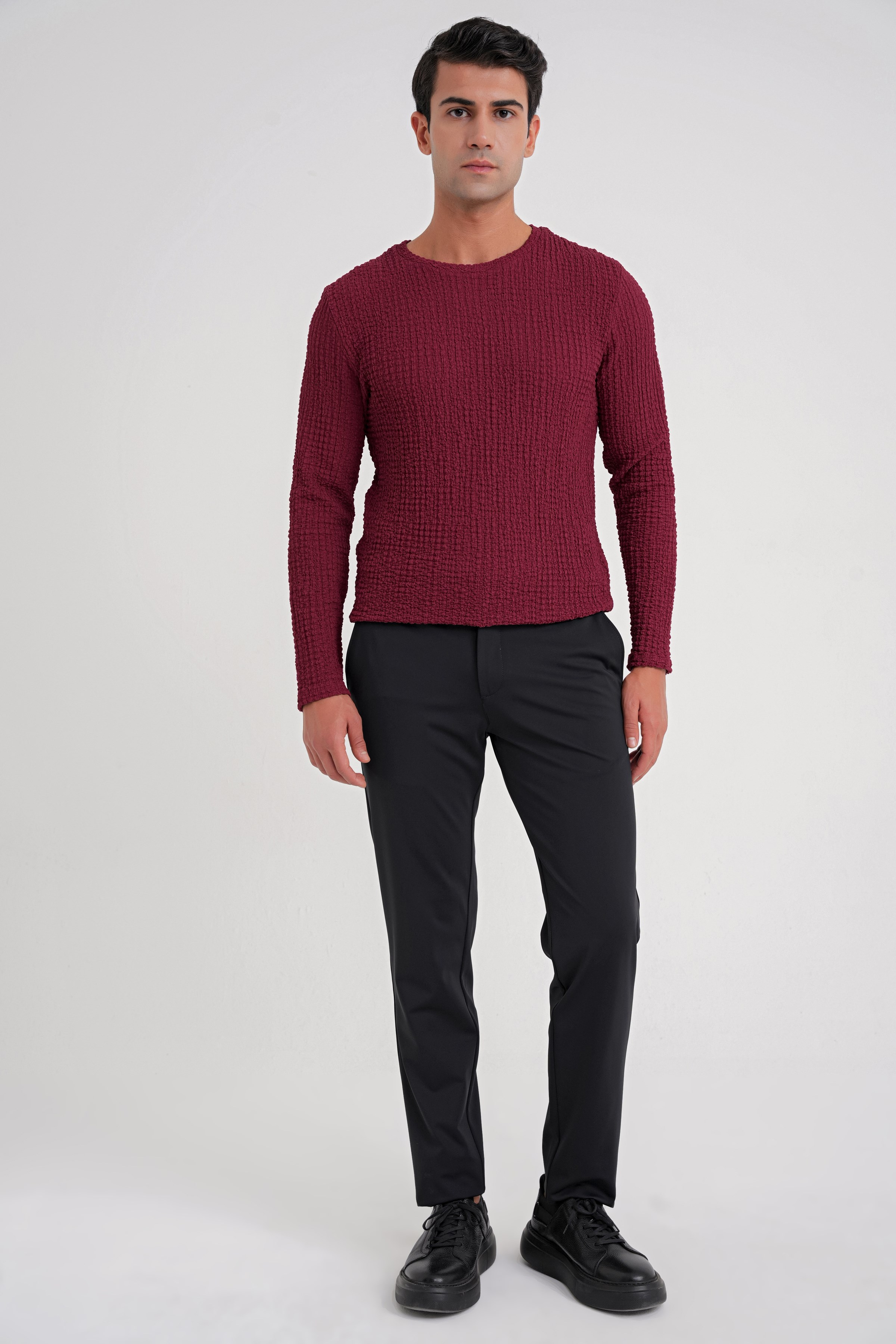 Slim Fit Esnek Pamuklu Dokulu Kumaş Uzun Kollu Bordo Tişört TS 934