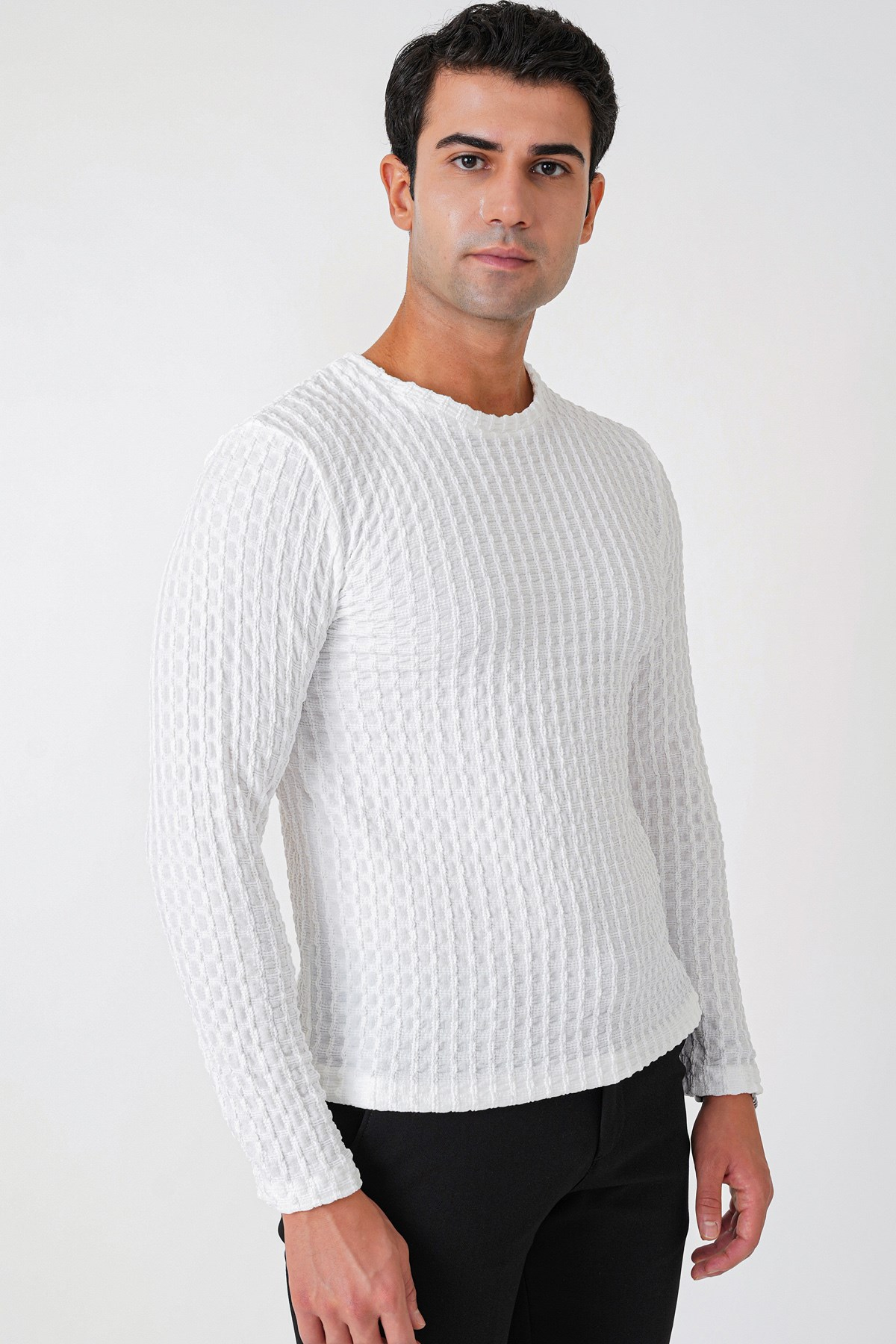 Slim Fit Esnek Pamuklu Dokulu Kumaş Uzun Kollu Ekru Tişört TS 934
