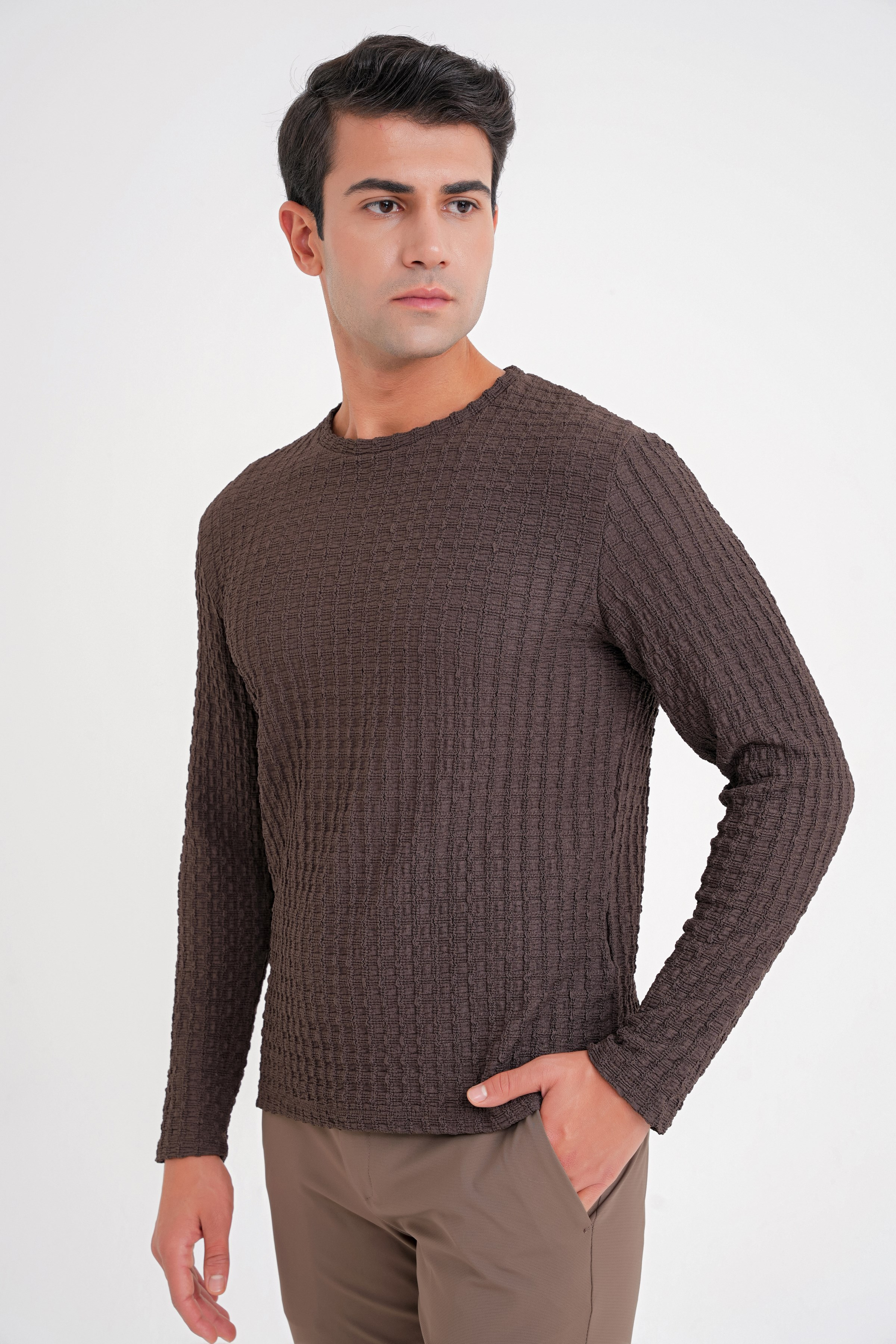 Slim Fit Esnek Pamuklu Dokulu Kumaş Uzun Kollu Kahverengi Tişört TS 934
