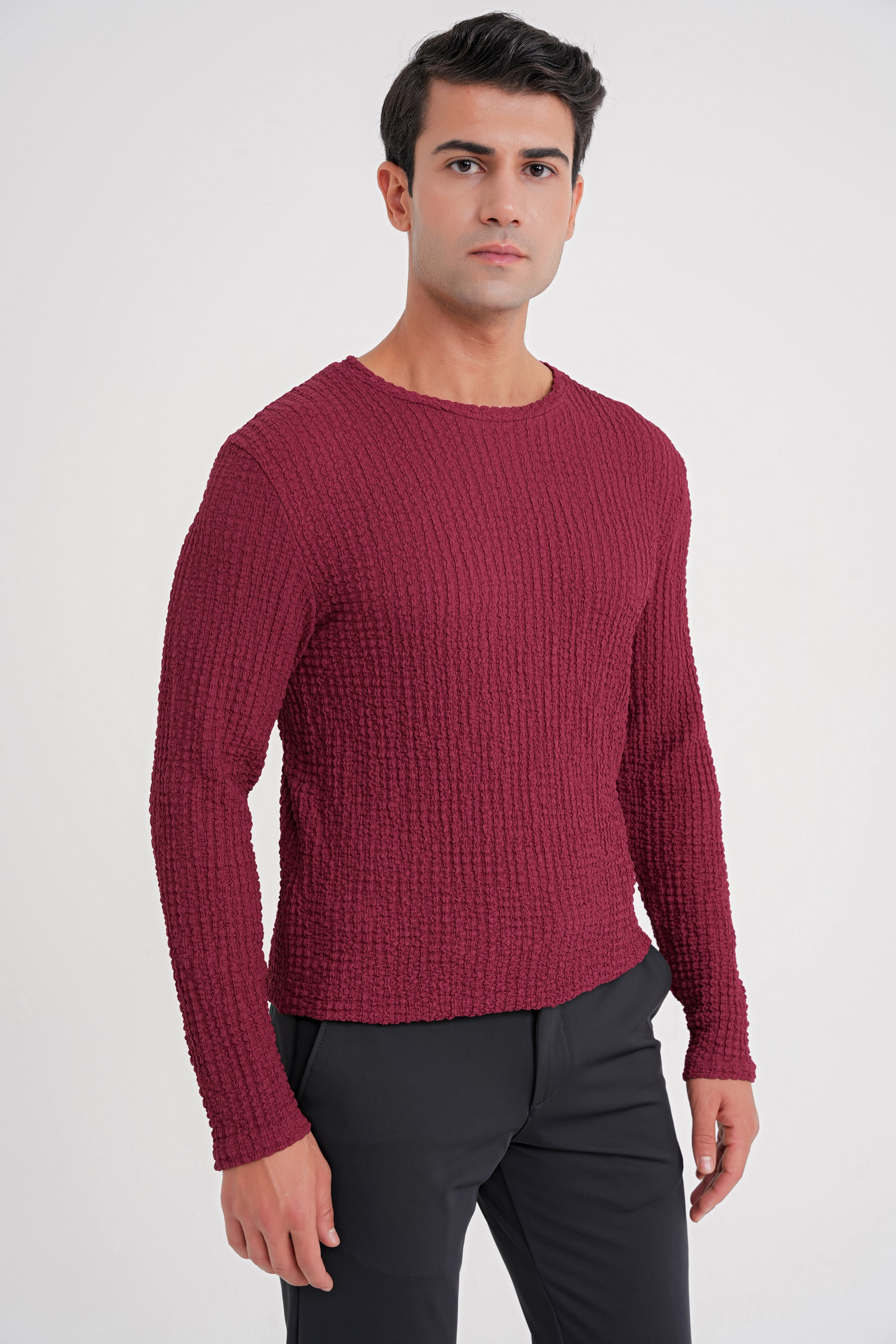 Slim Fit Esnek Pamuklu Dokulu Kumaş Uzun Kollu Bordo Tişört TS 934