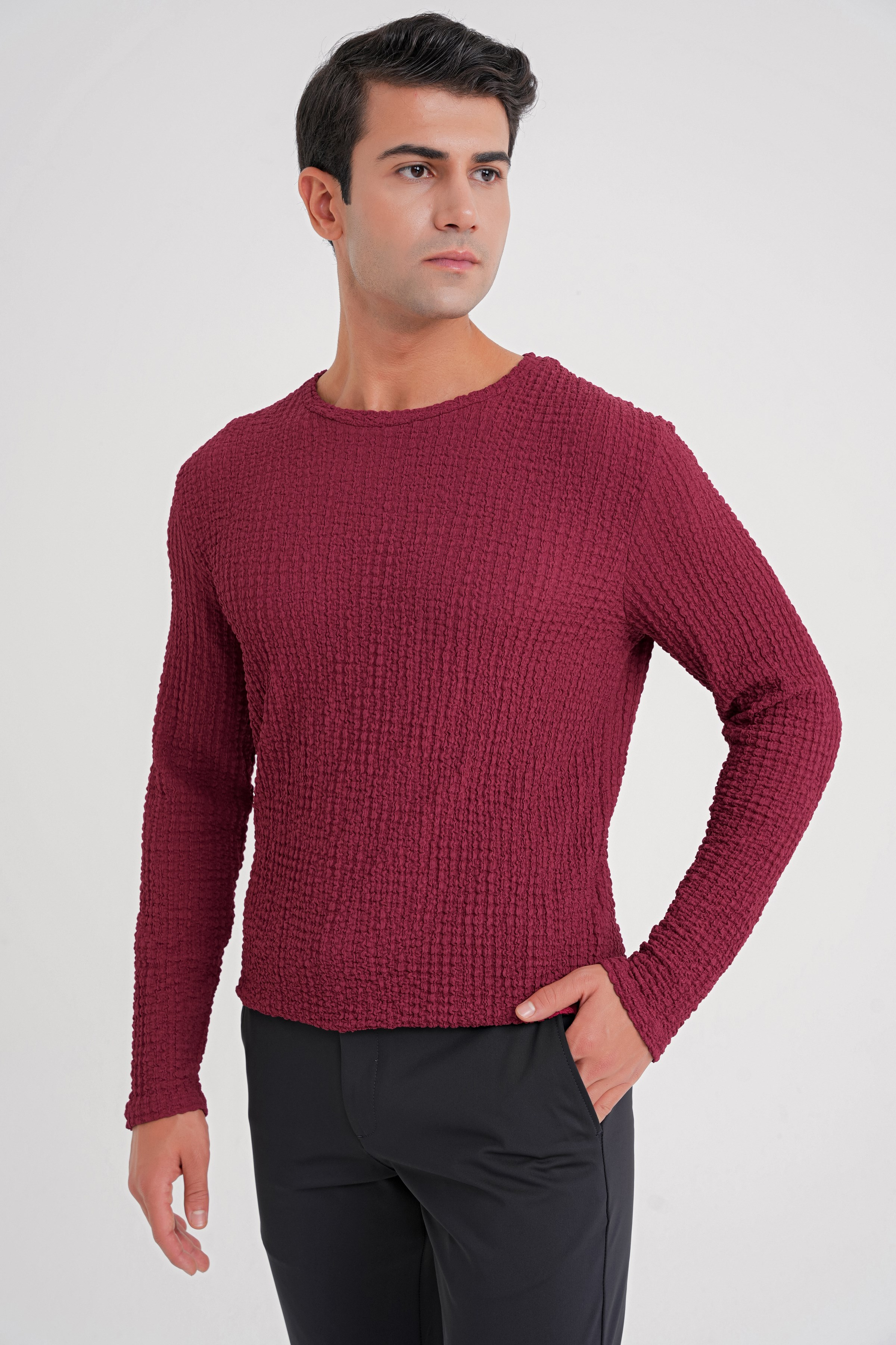 Slim Fit Esnek Pamuklu Dokulu Kumaş Uzun Kollu Bordo Tişört TS 934