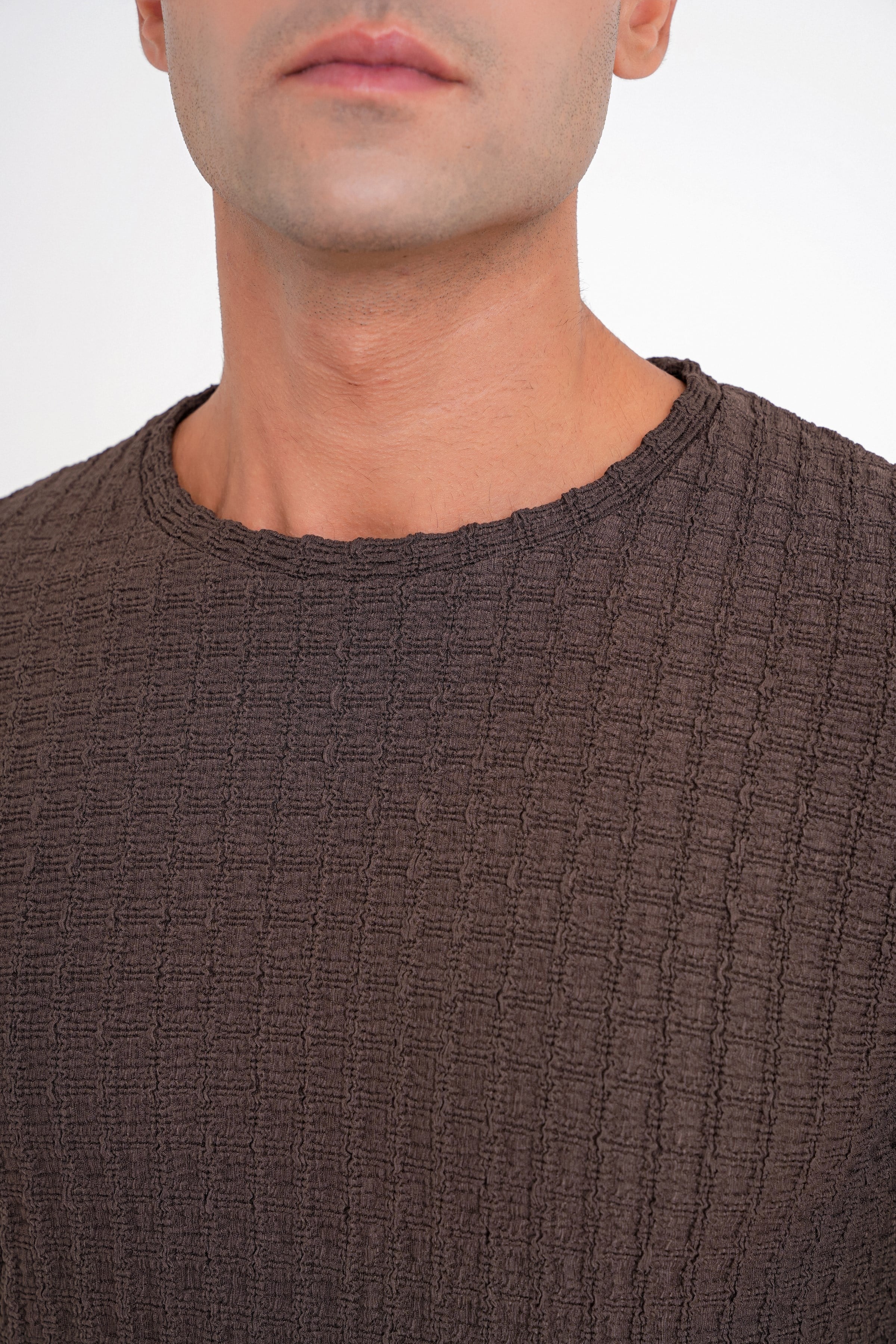Slim Fit Esnek Pamuklu Dokulu Kumaş Uzun Kollu Kahverengi Tişört TS 934
