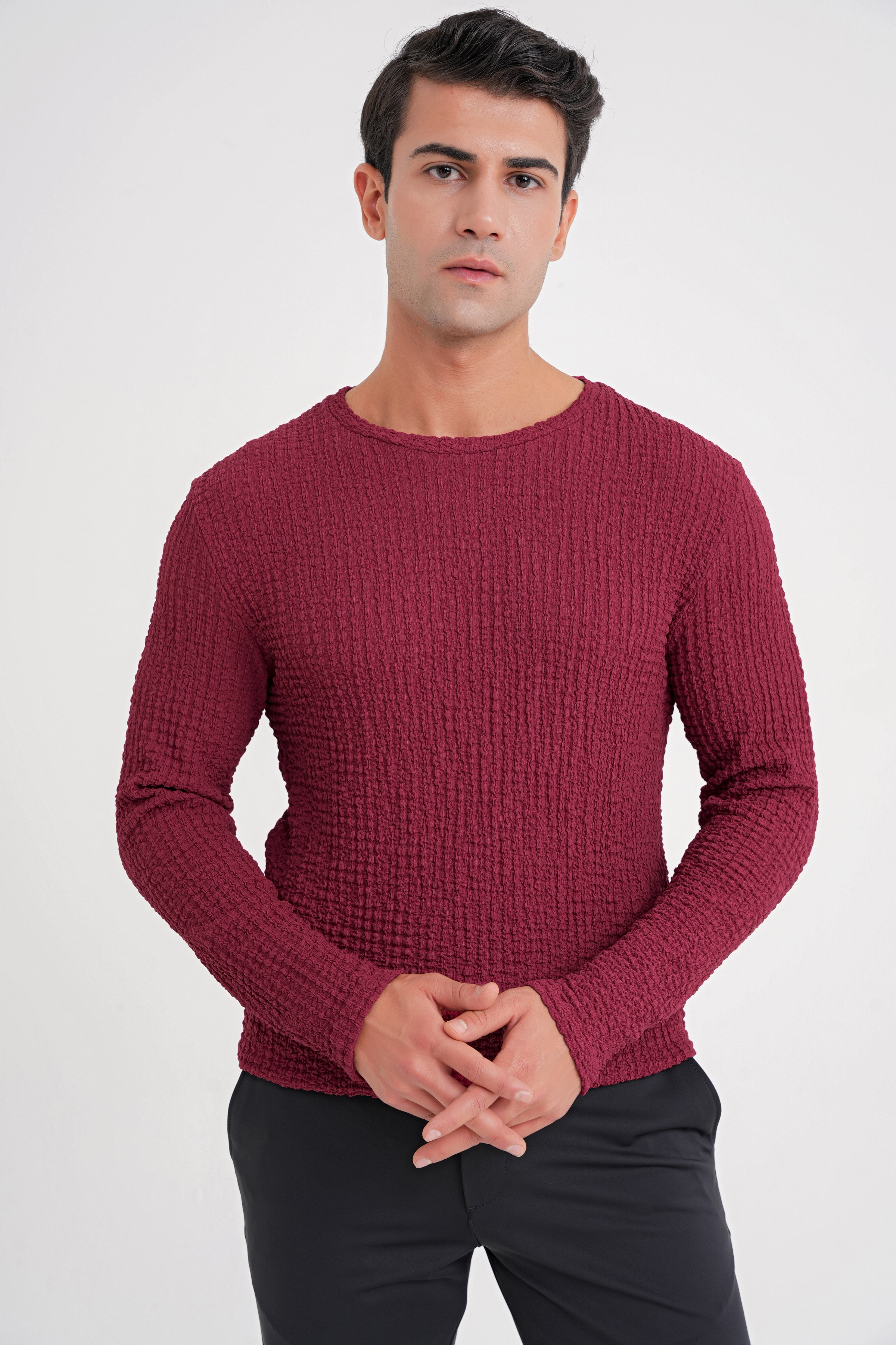 Slim Fit Esnek Pamuklu Dokulu Kumaş Uzun Kollu Bordo Tişört TS 934