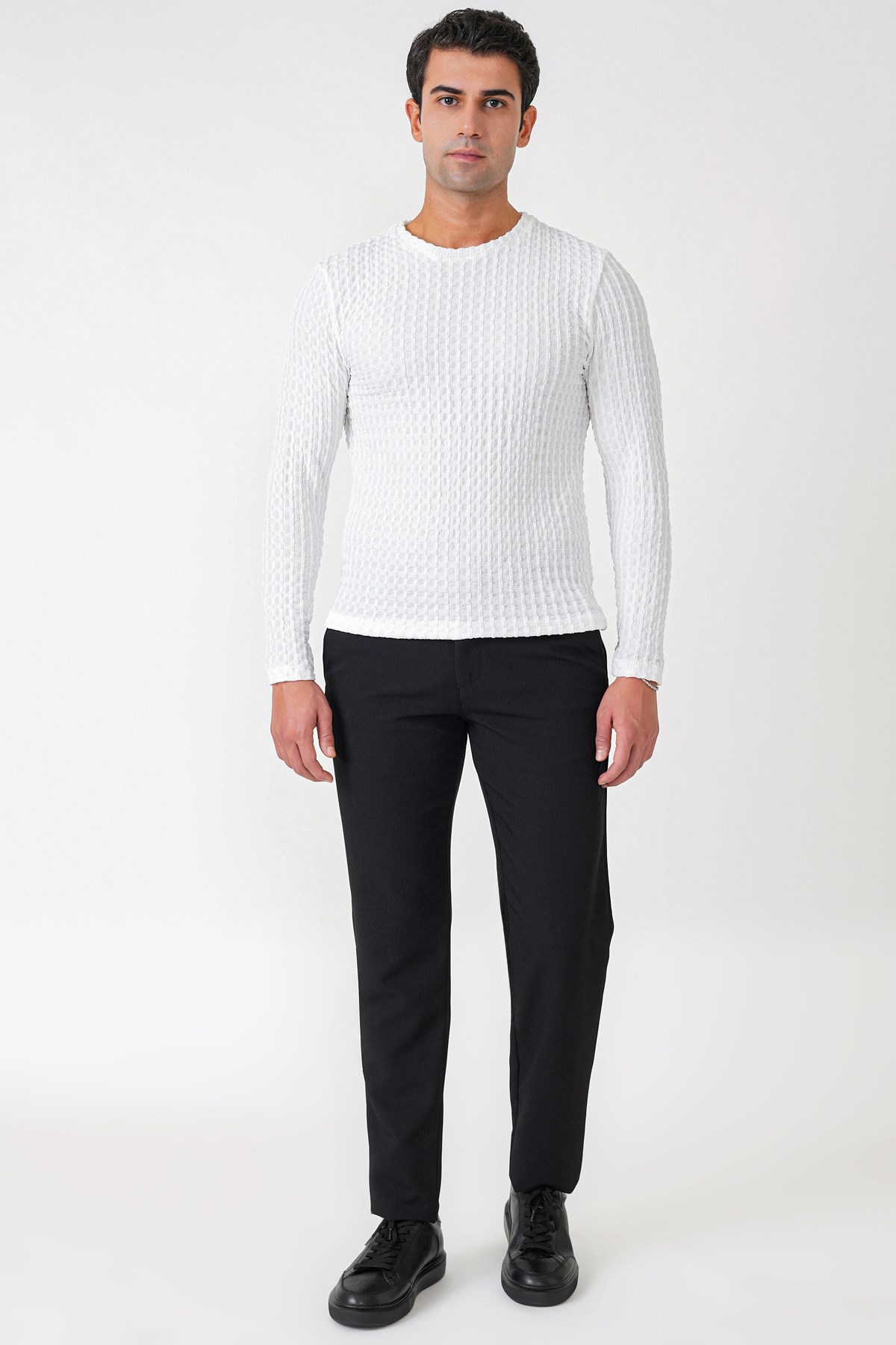 Slim Fit Esnek Pamuklu Dokulu Kumaş Uzun Kollu Ekru Tişört TS 934