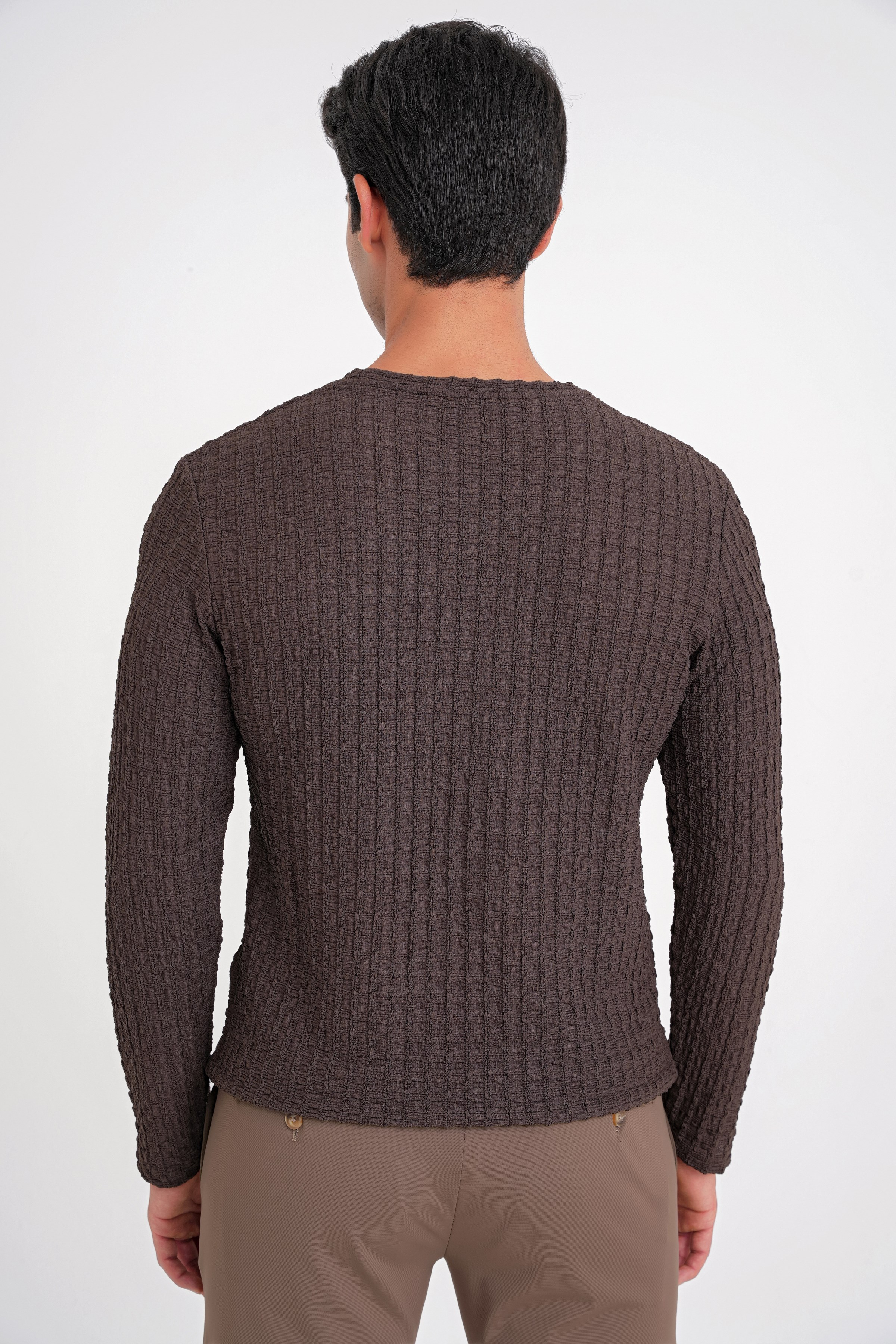 Slim Fit Esnek Pamuklu Dokulu Kumaş Uzun Kollu Kahverengi Tişört TS 916