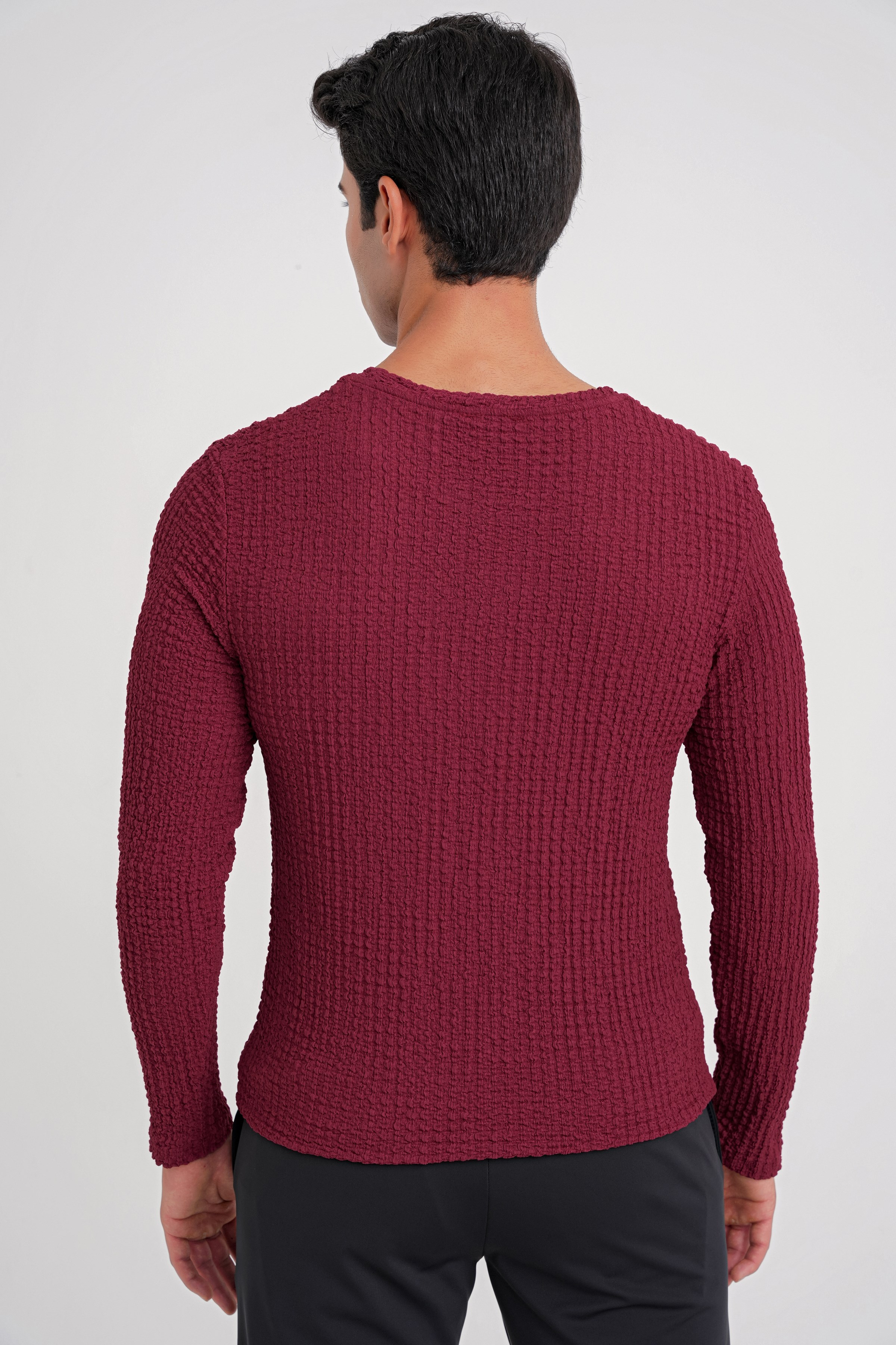 Slim Fit Esnek Pamuklu Dokulu Kumaş Uzun Kollu Bordo Tişört TS 934