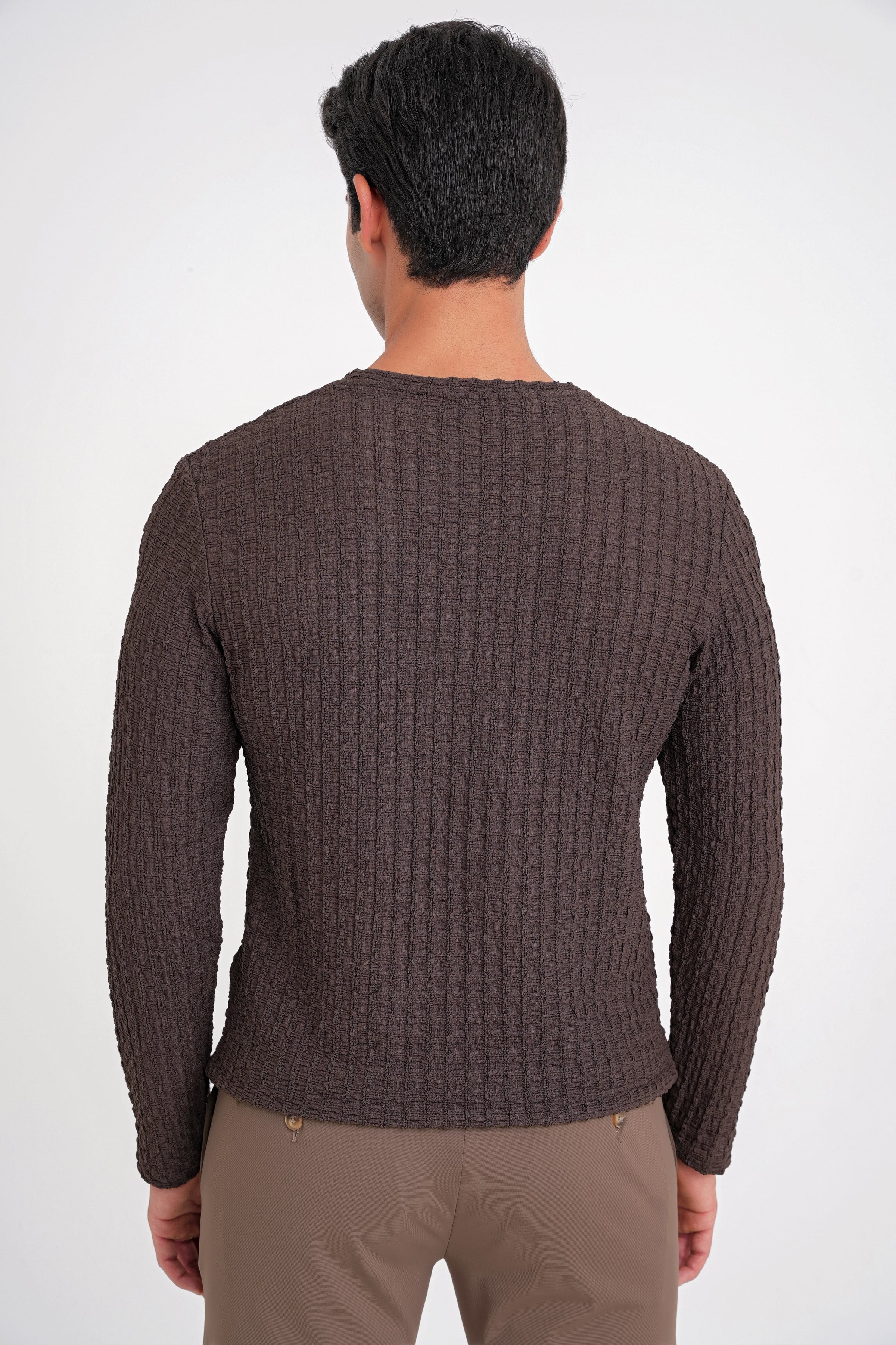 Slim Fit Esnek Pamuklu Dokulu Kumaş Uzun Kollu Kahverengi Tişört TS 934