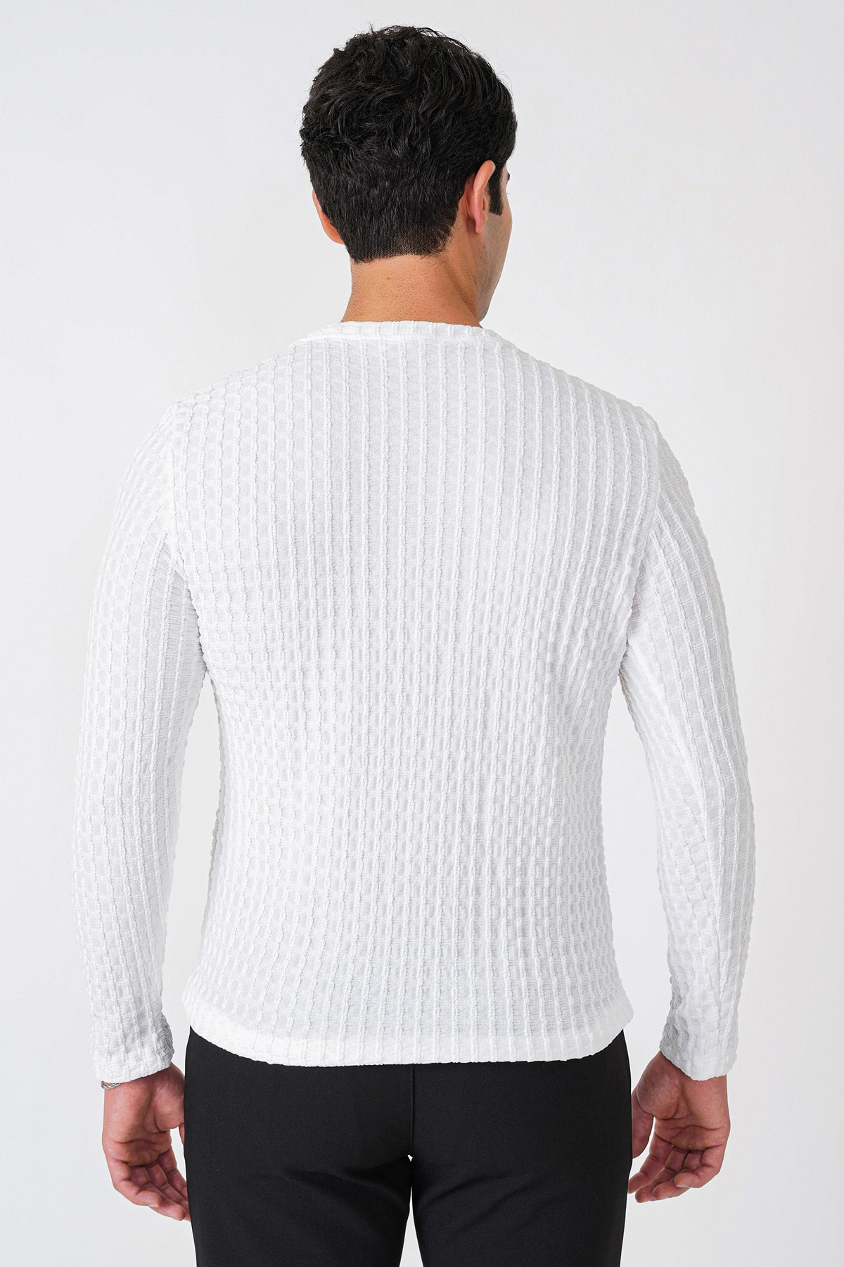 Slim Fit Esnek Pamuklu Dokulu Kumaş Uzun Kollu Ekru Tişört TS 934