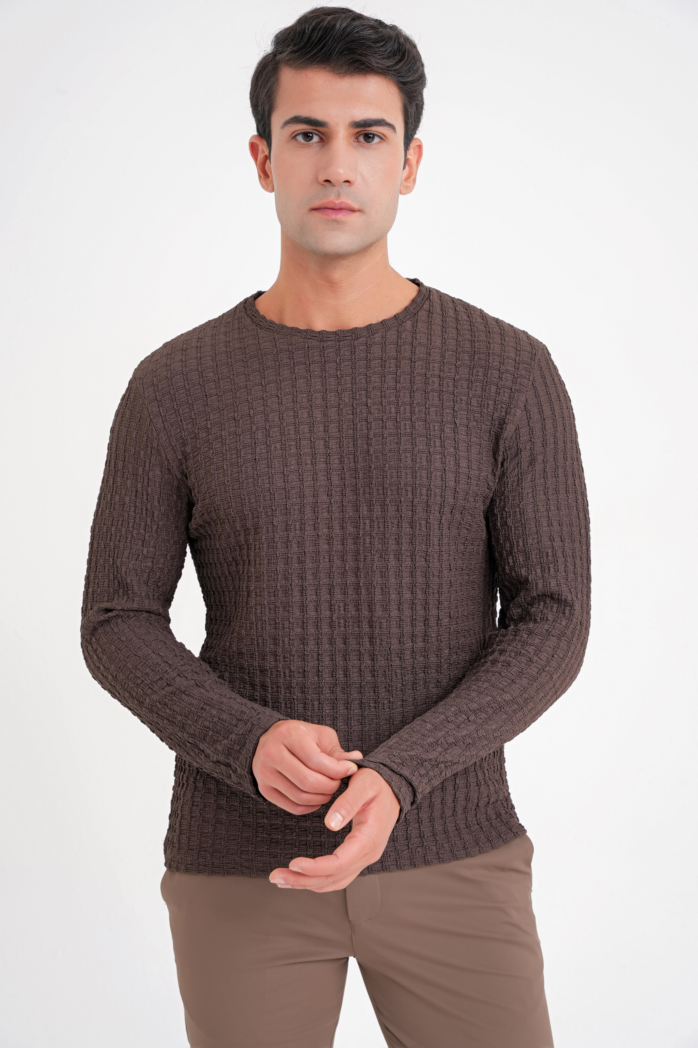 Slim Fit Esnek Pamuklu Dokulu Kumaş Uzun Kollu Kahverengi Tişört TS 934