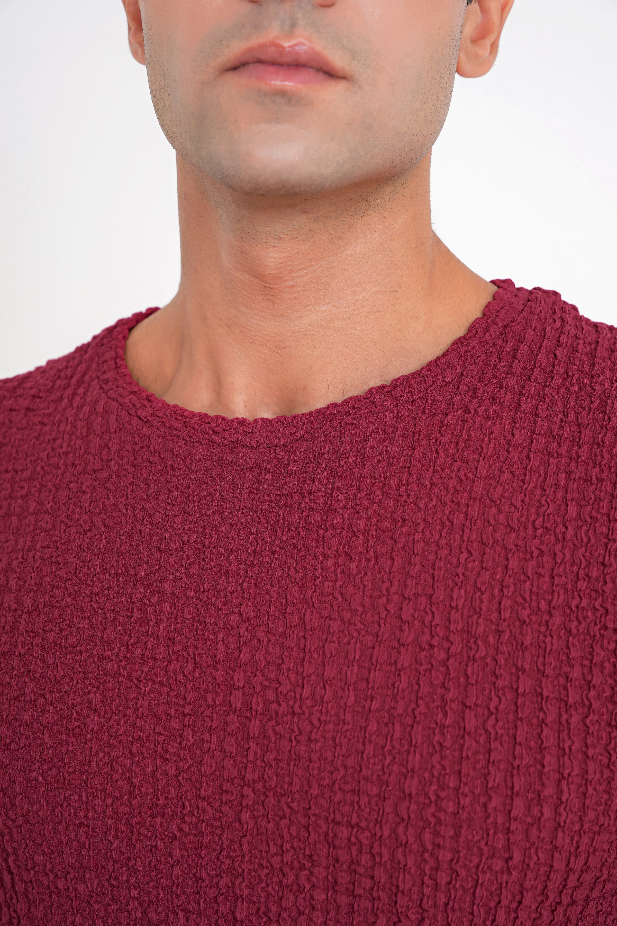 Slim Fit Esnek Pamuklu Dokulu Kumaş Uzun Kollu Bordo Tişört TS 934