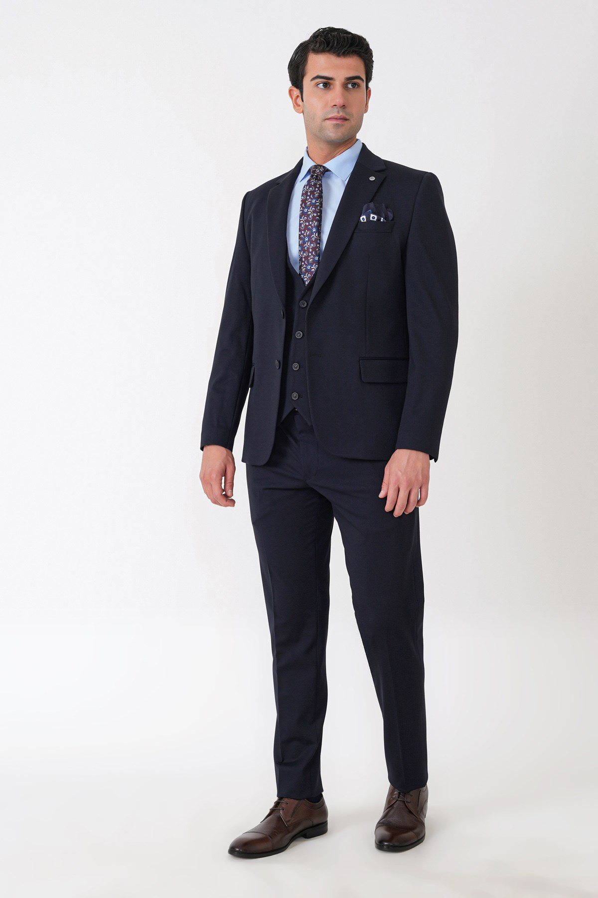 Slim Fit Esnek Pamuklu Dokulu Lacivert Yelekli Takım Elbise TK 959
