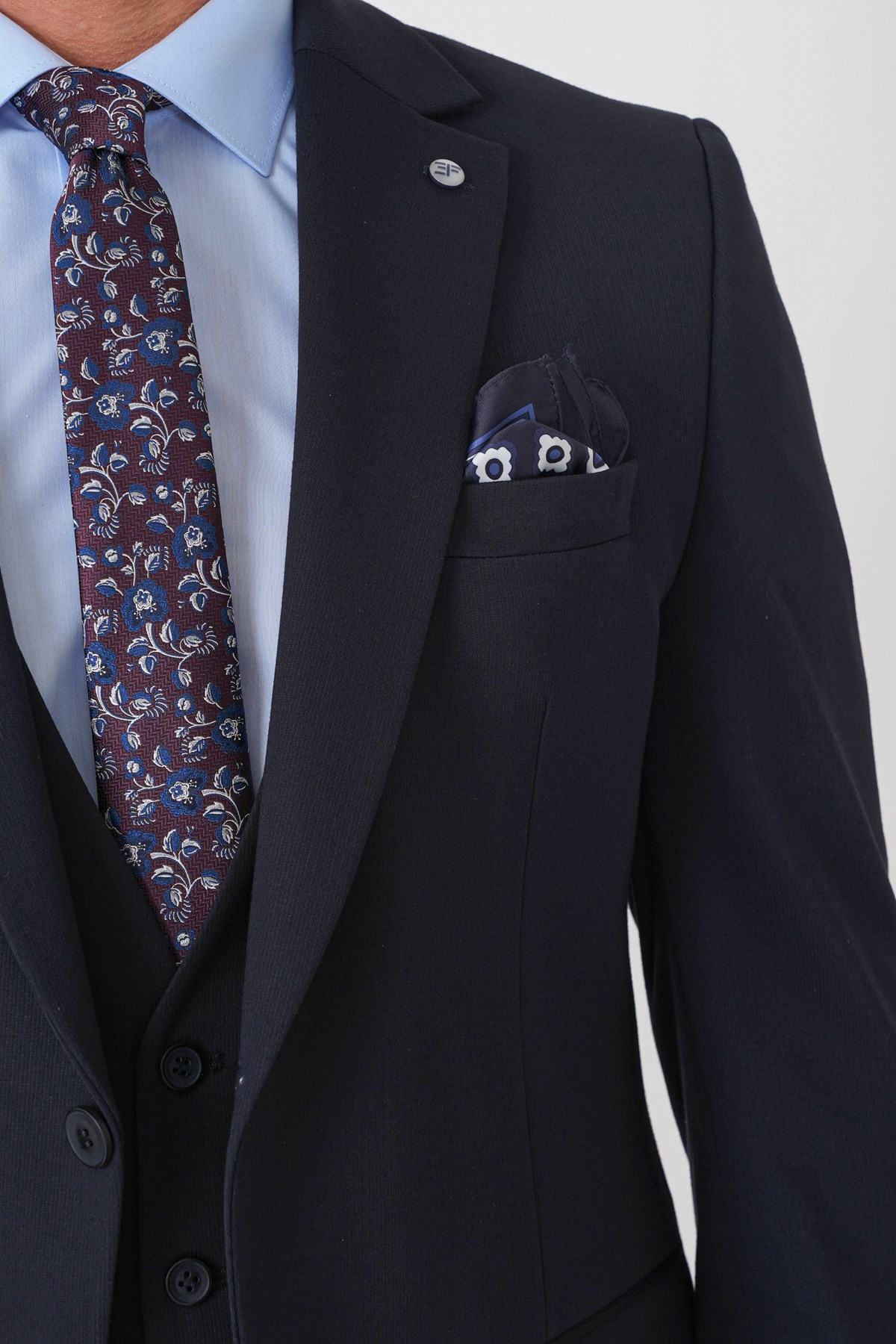 Slim Fit Esnek Pamuklu Dokulu Lacivert Yelekli Takım Elbise TK 959