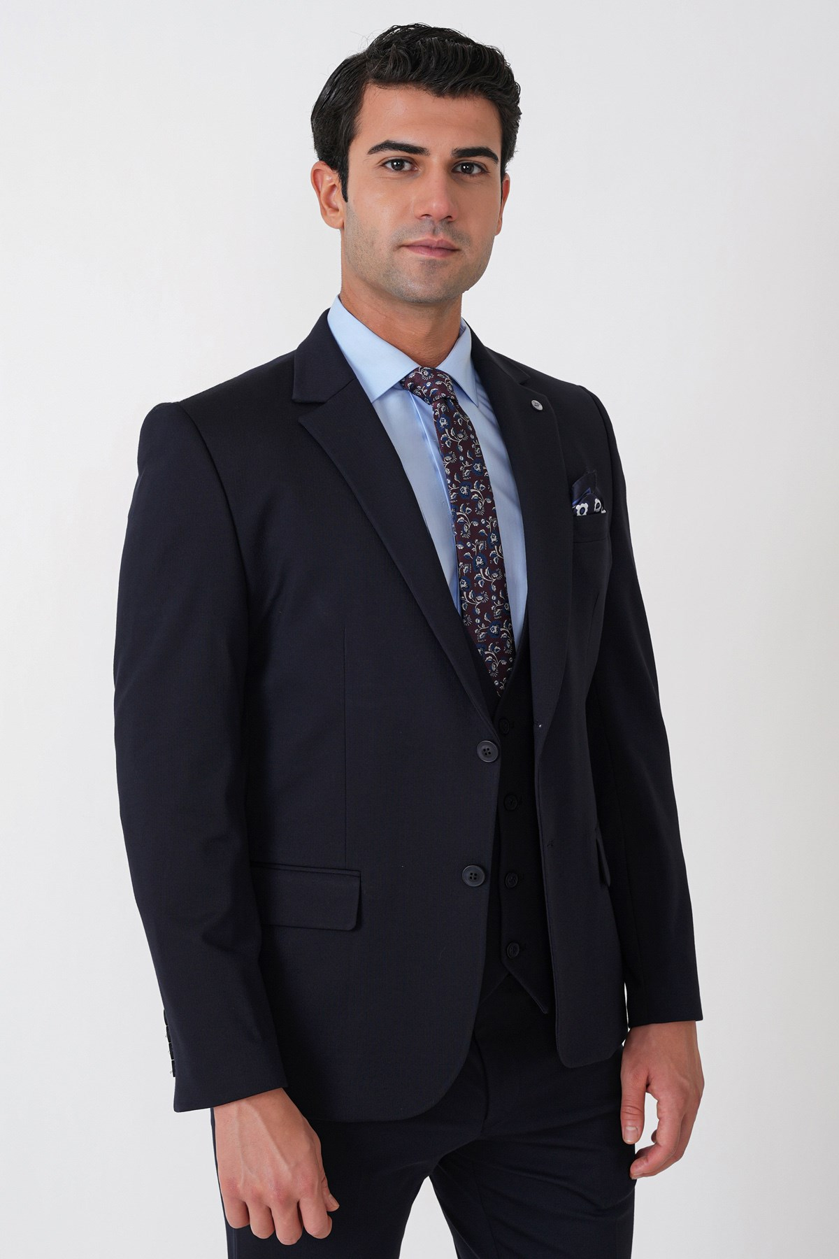Slim Fit Esnek Pamuklu Dokulu Lacivert Yelekli Takım Elbise TK 959