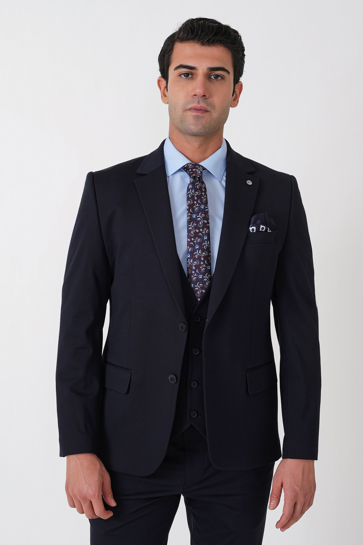 Slim Fit Esnek Pamuklu Dokulu Lacivert Yelekli Takım Elbise TK 959