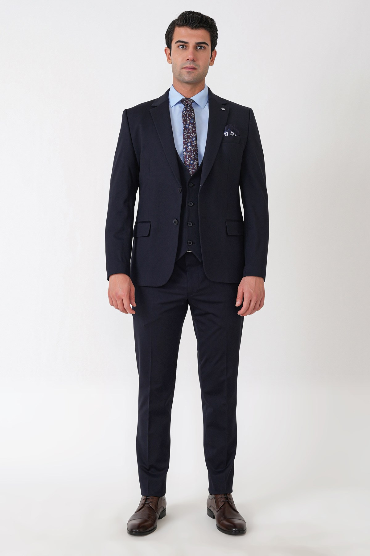 Slim Fit Esnek Pamuklu Dokulu Lacivert Yelekli Takım Elbise TK 959