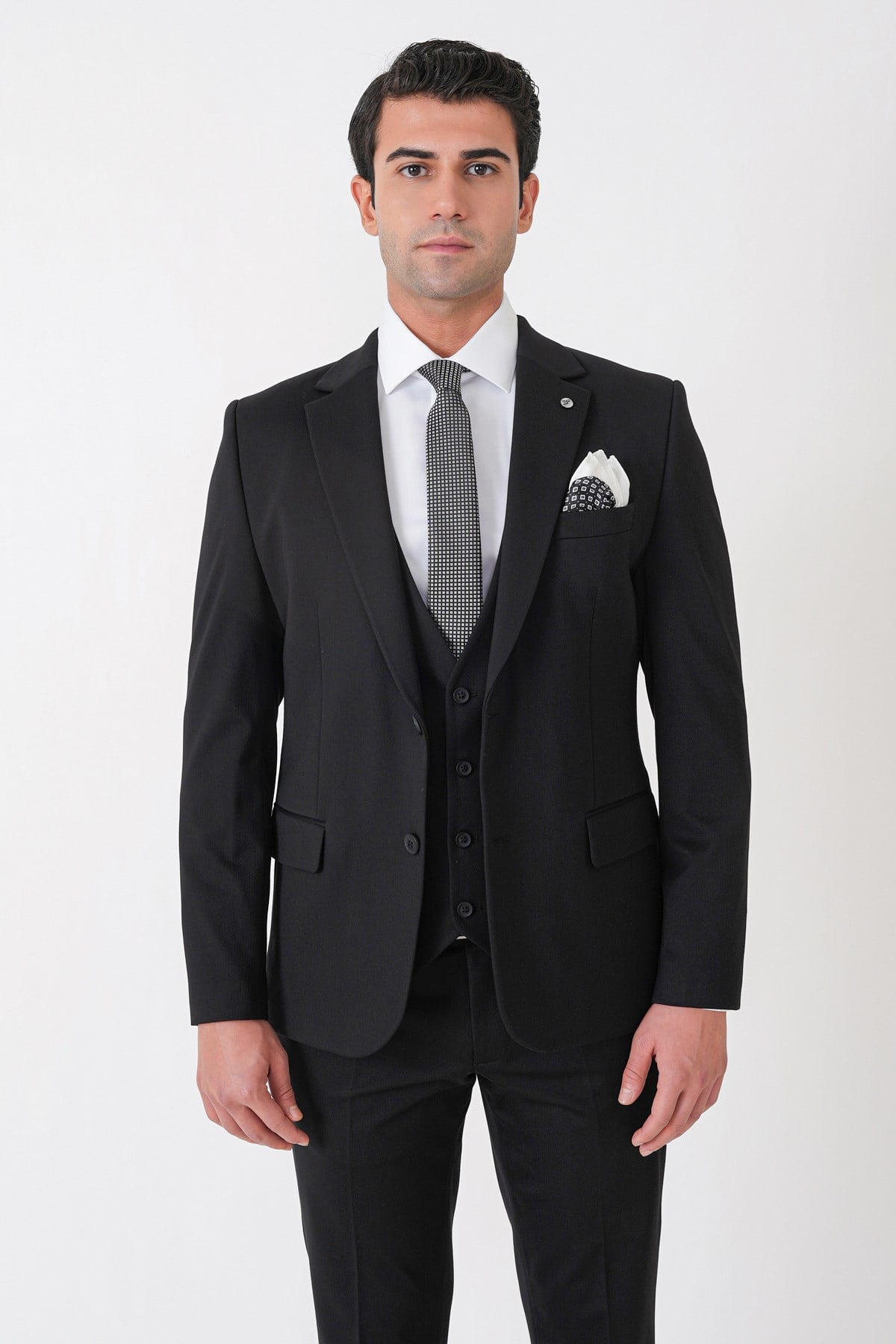 Slim Fit Esnek Pamuklu Dokulu Siyah Yelekli Takım Elbise TK 959