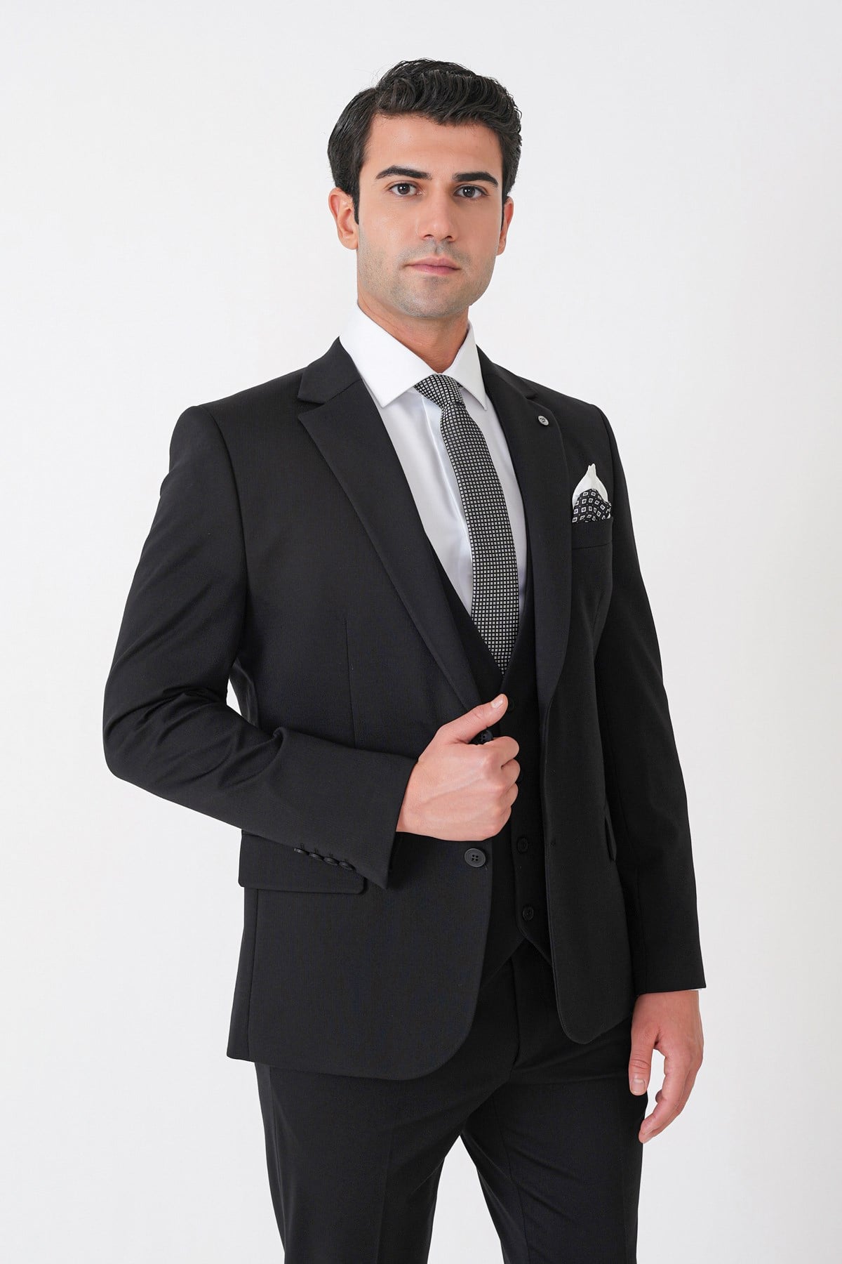 Slim Fit Esnek Pamuklu Dokulu Siyah Yelekli Takım Elbise TK 959