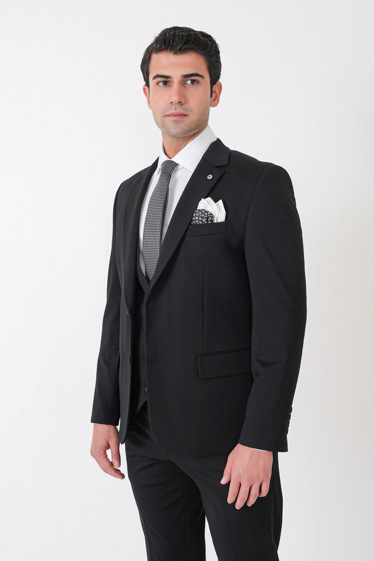 Slim Fit Esnek Pamuklu Dokulu Siyah Yelekli Takım Elbise TK 959