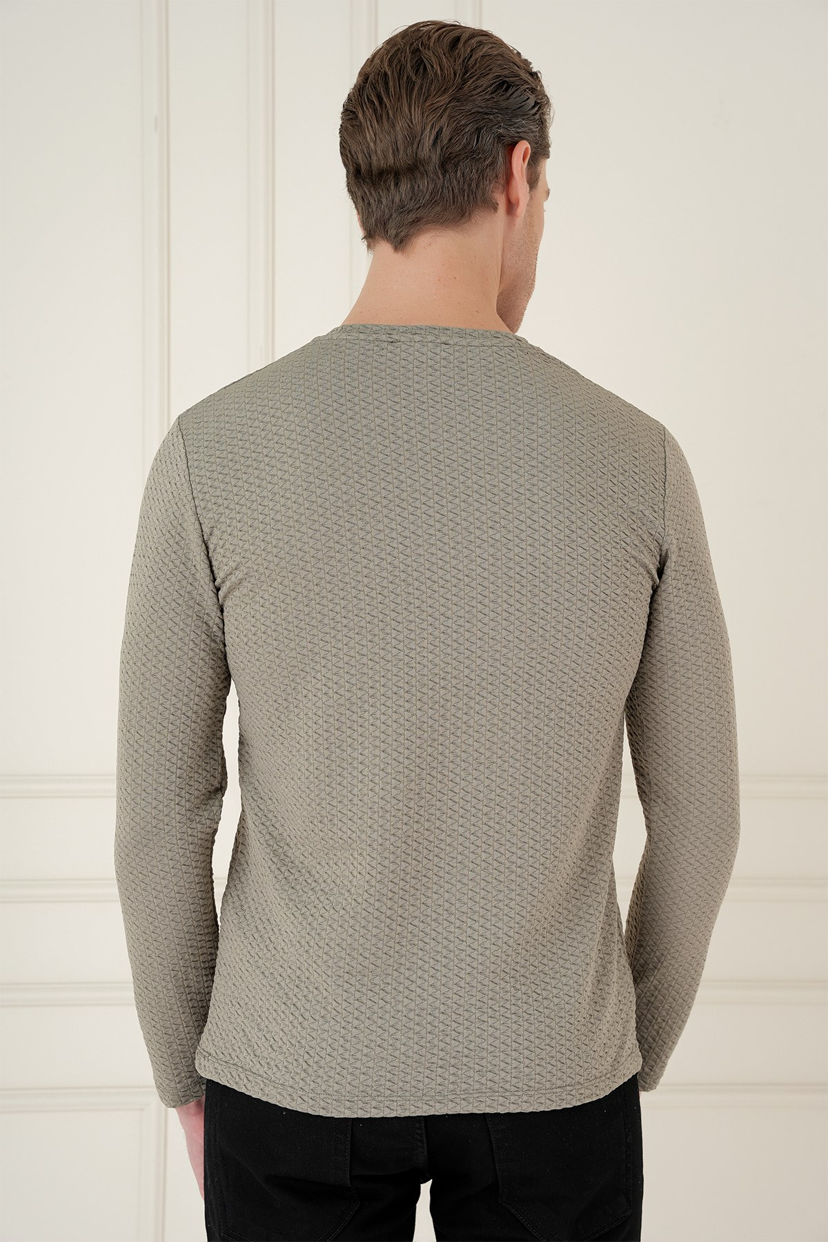 Slim Fit Esnek Pamuklu Dokulu Uzun Kollu Gri Tişört TS 889