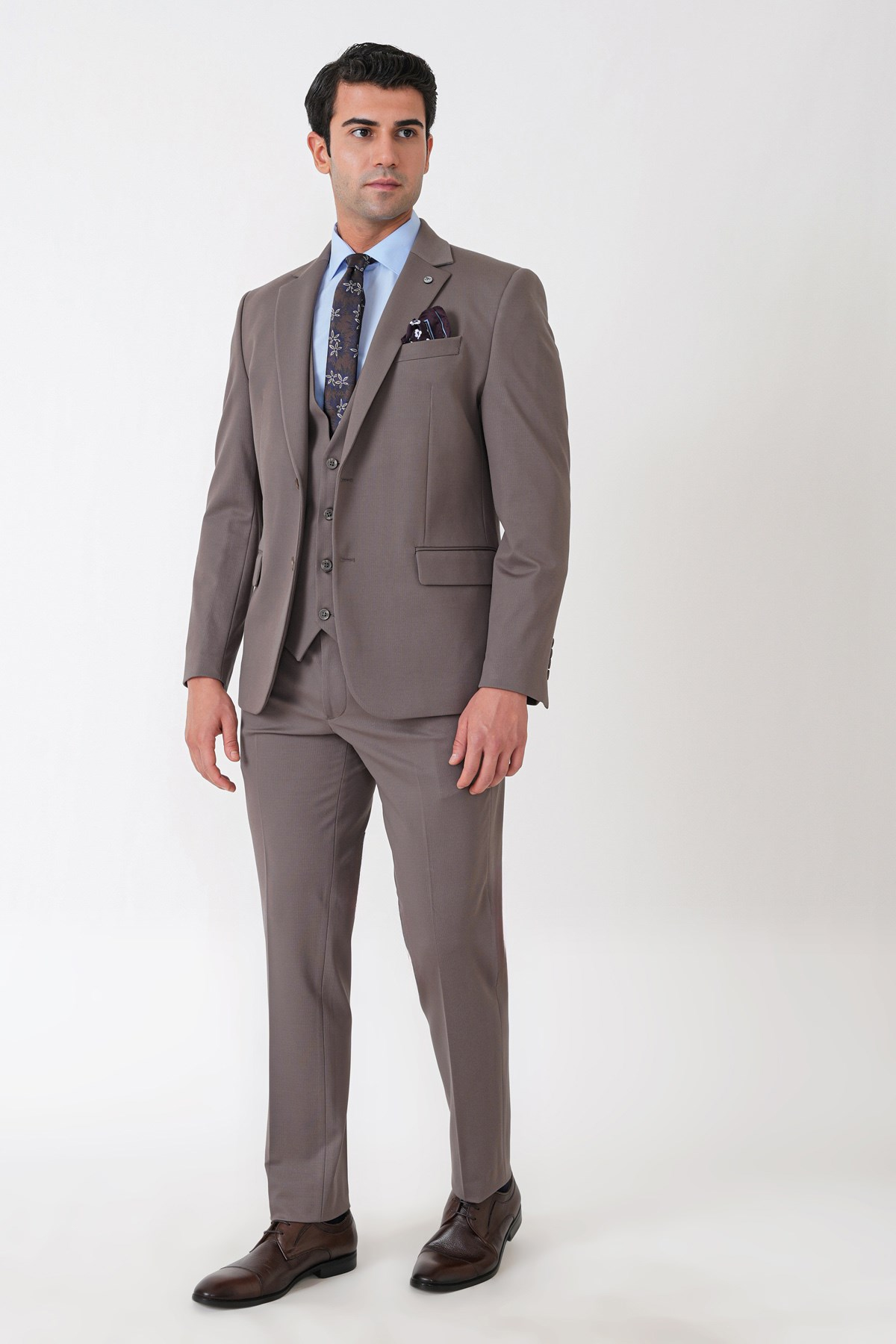 Slim Fit Esnek Pamuklu Dokulu Vizon Yelekli Takım Elbise TK 959