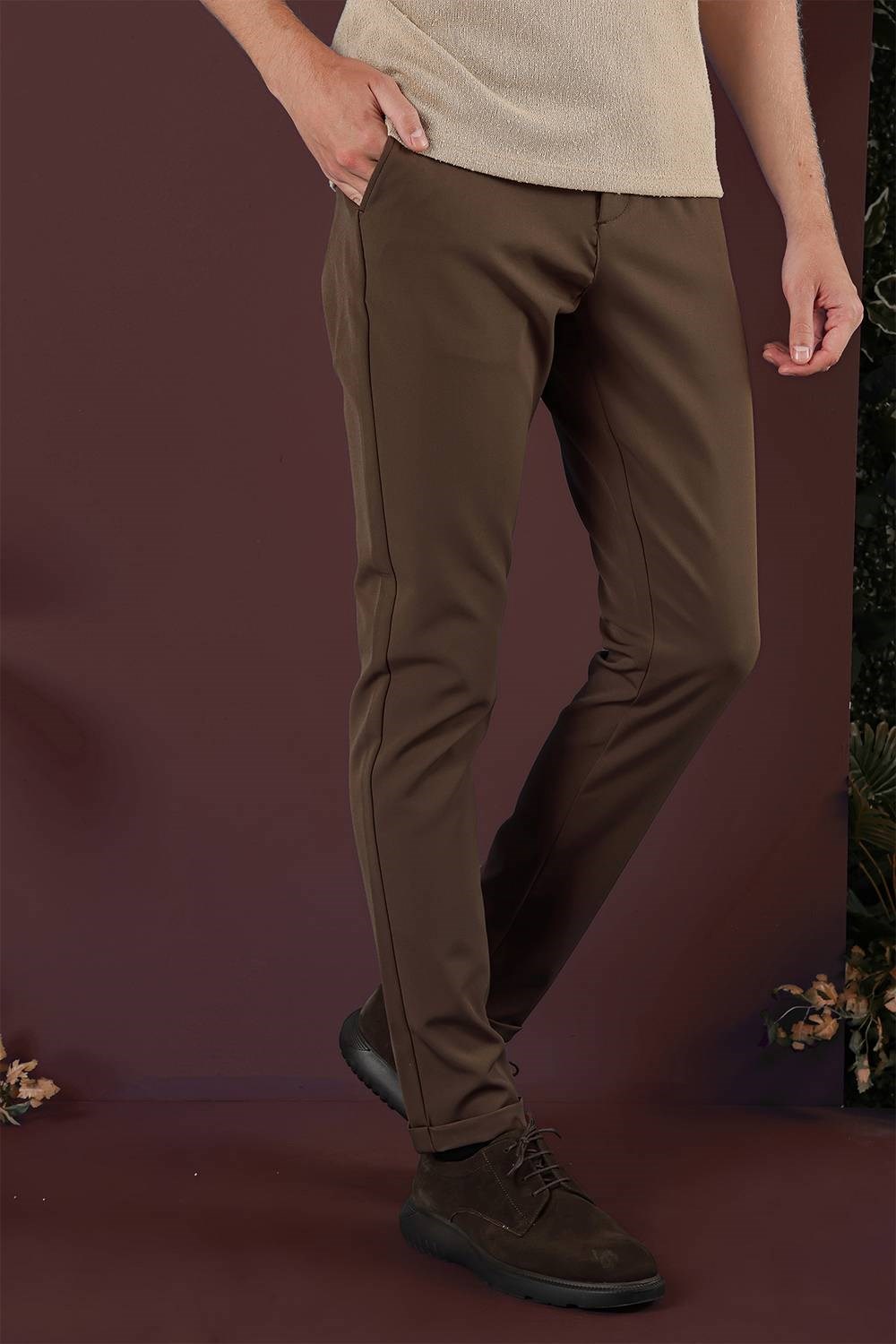 Slim Fit Esnek Pamuklu Duble Paça Tütün Pantolon P 1135