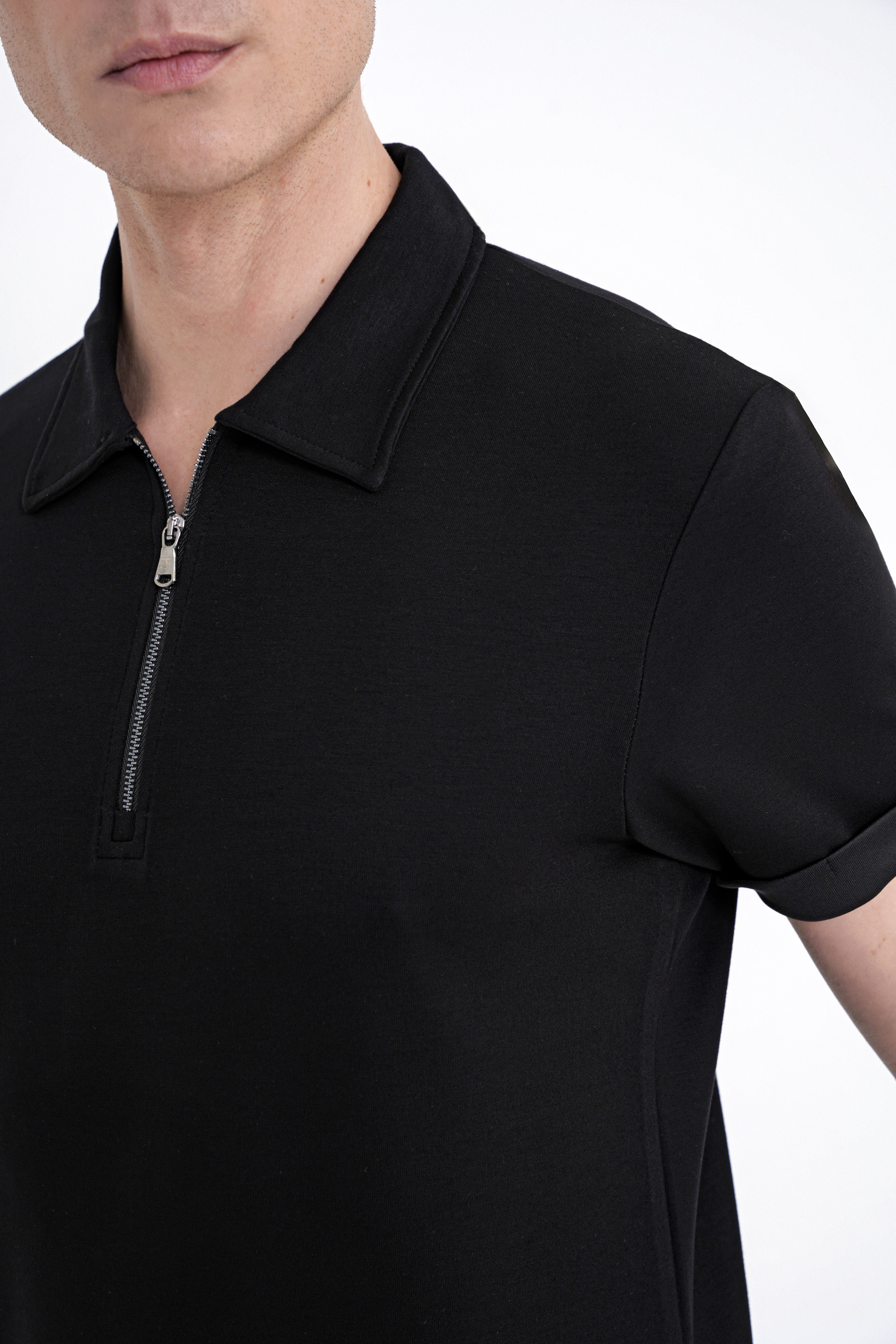 Slim Fit Esnek Pamuklu Fermuarlı Polo Yaka Siyah Tişört TS 926
