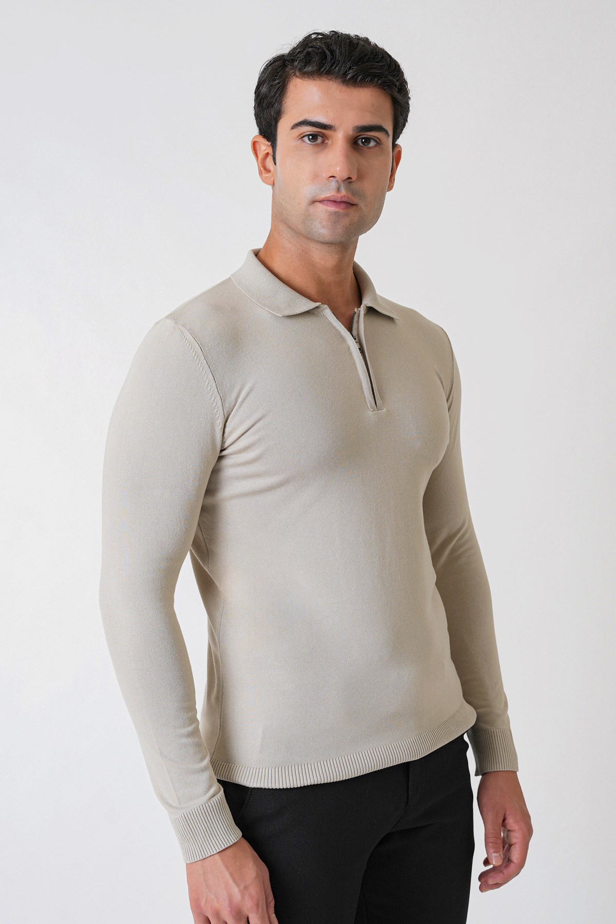 Slim Fit Esnek Pamuklu Fermuarlı Polo Yaka Taş Triko TR 902