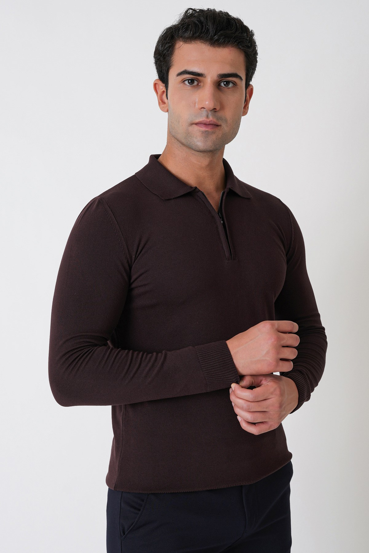 Slim Fit Esnek Pamuklu Fermuarlı Polo Yaka Kahverengi Triko TR 902