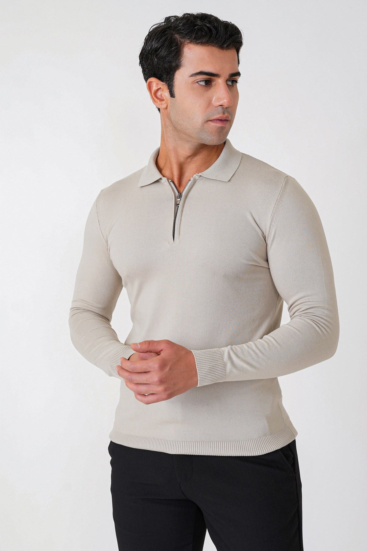Slim Fit Esnek Pamuklu Fermuarlı Polo Yaka Taş Triko TR 902