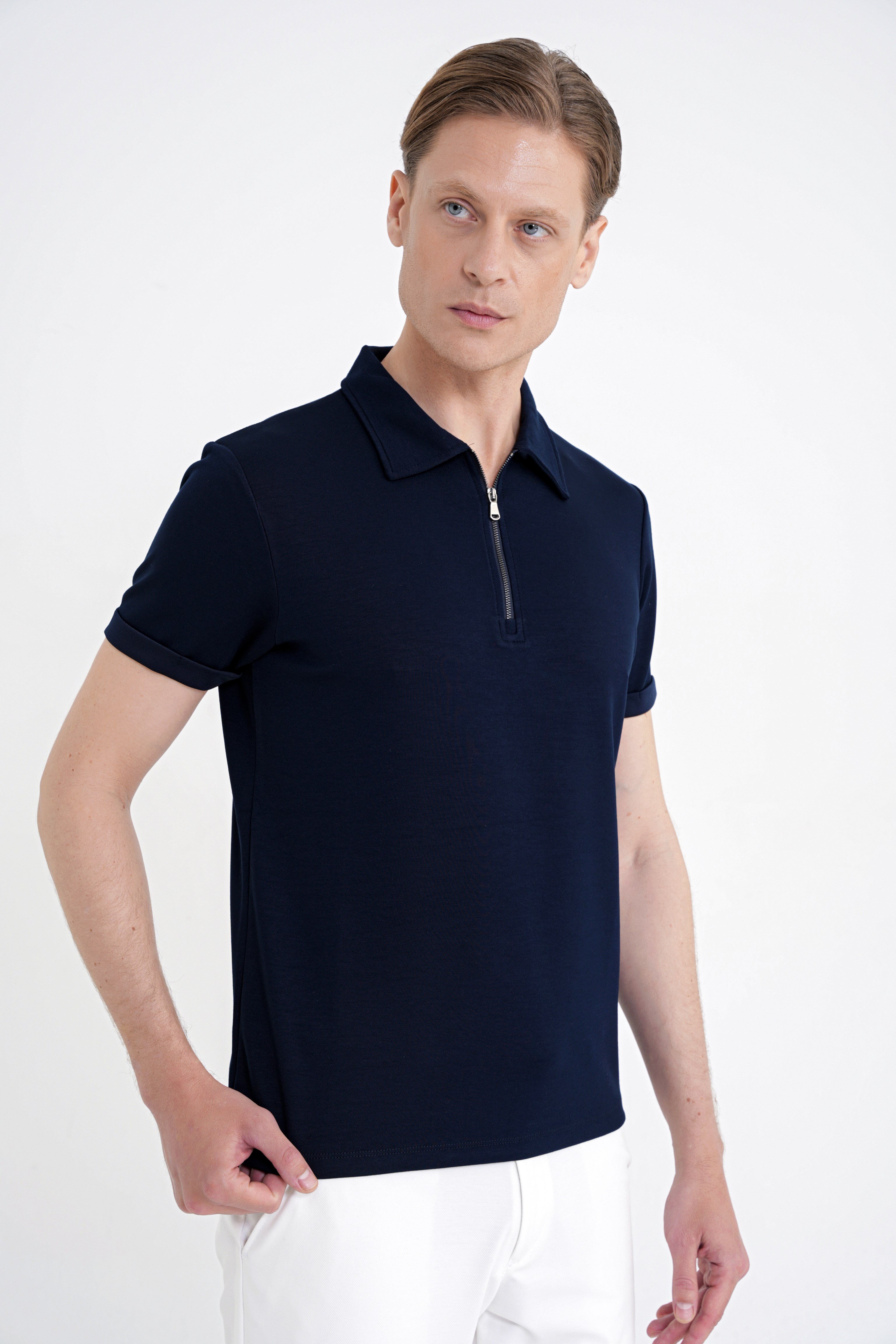 Slim Fit Esnek Pamuklu Fermuarlı Polo Yaka Lacivert Tişört TS 926
