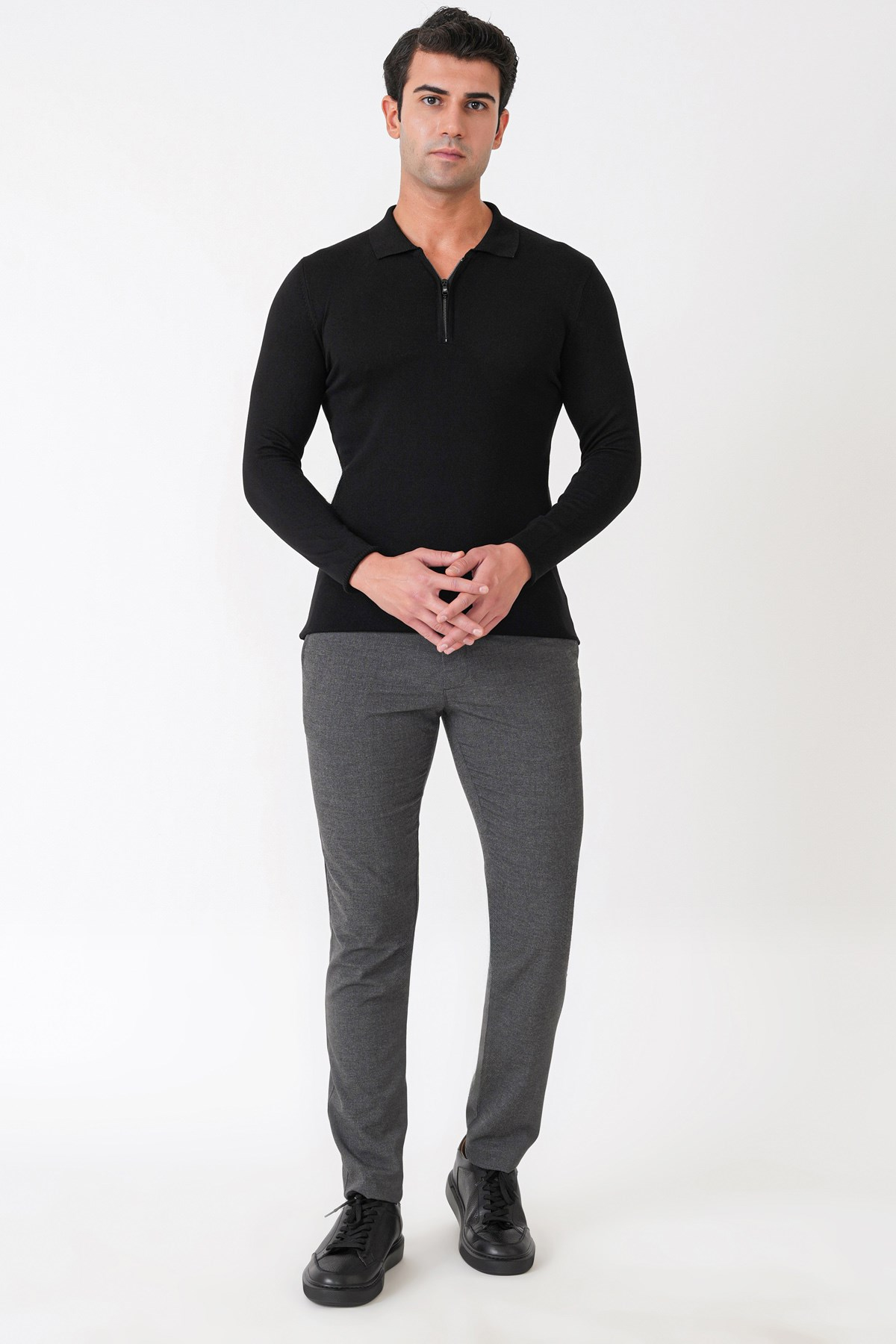 Slim Fit Esnek Pamuklu Fermuarlı Polo Yaka Siyah Triko TR 902
