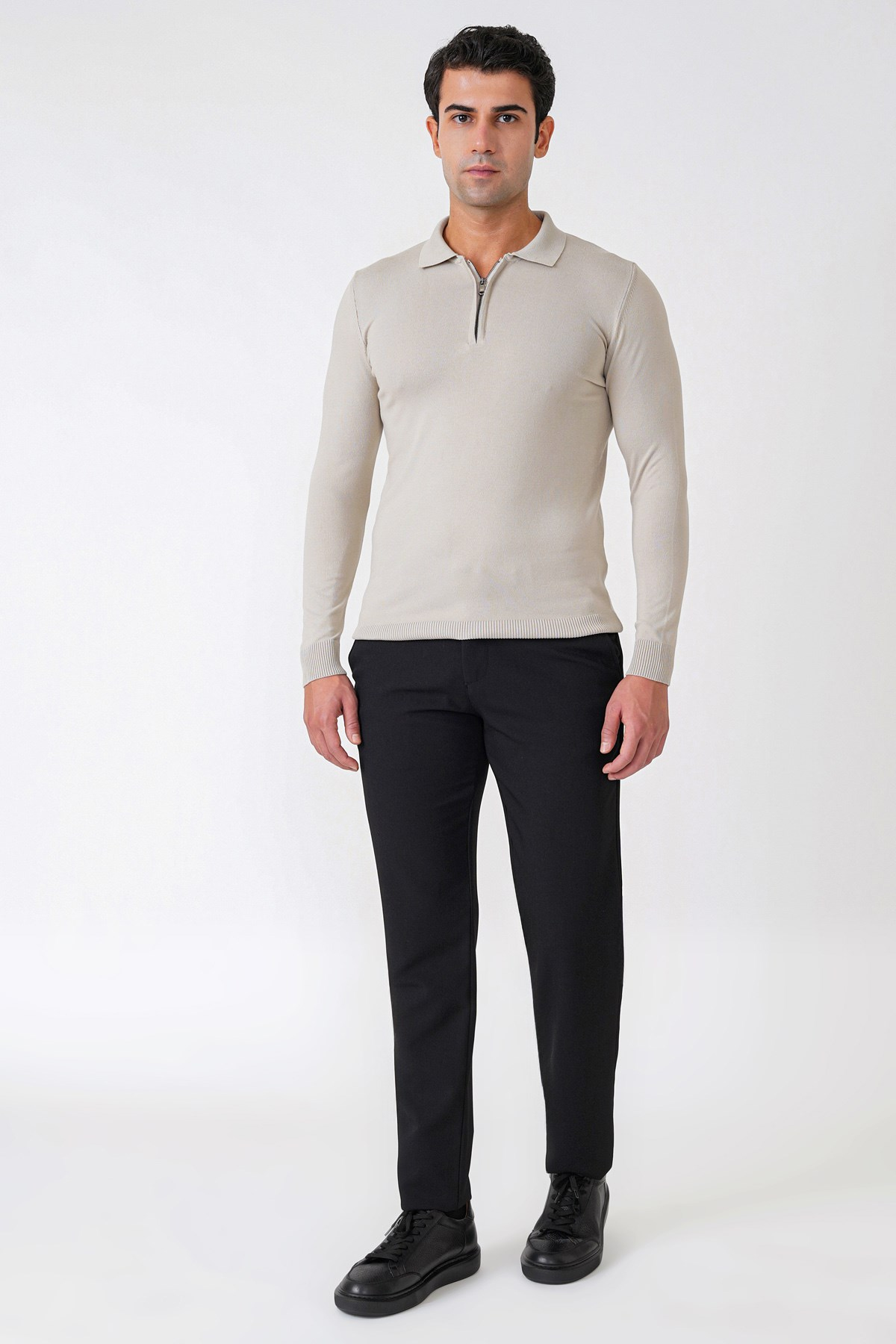 Slim Fit Esnek Pamuklu Fermuarlı Polo Yaka Taş Triko TR 902