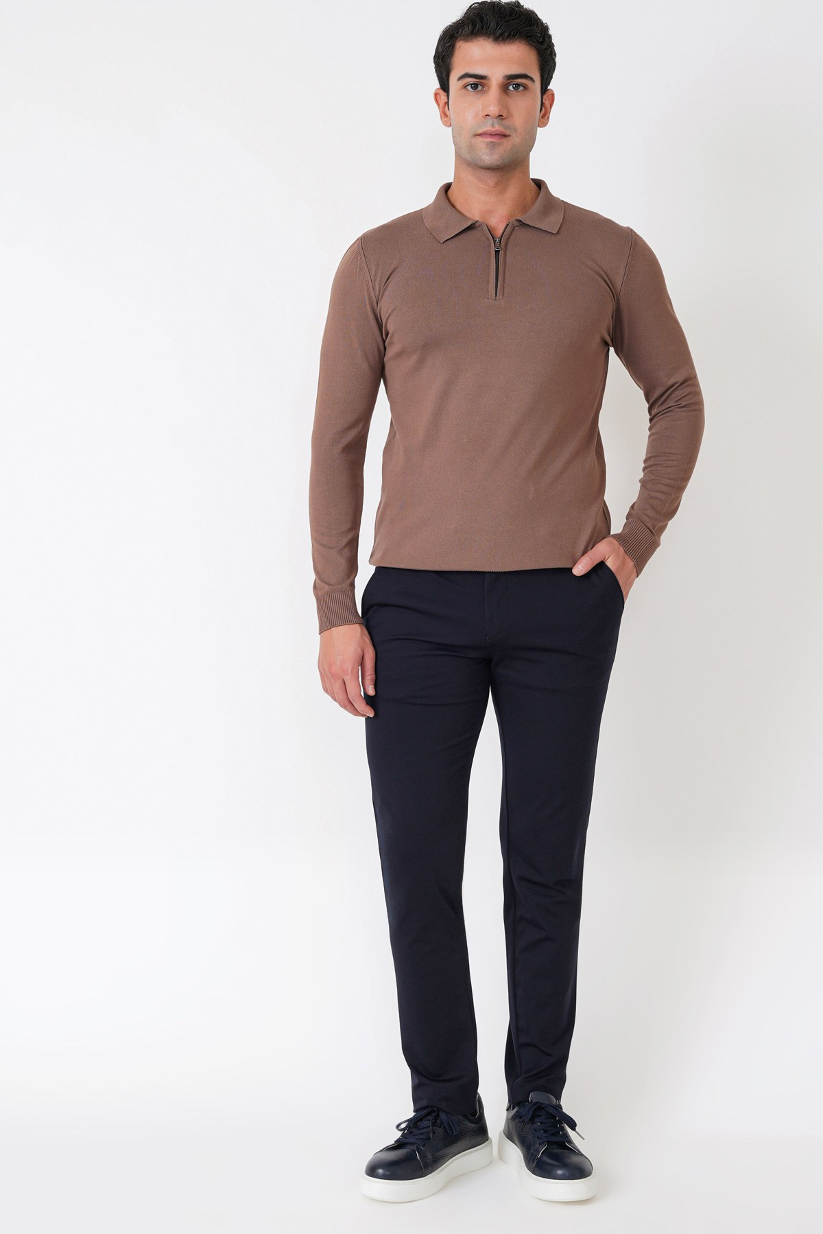 Slim Fit Esnek Pamuklu Fermuarlı Polo Yaka Açık Kahve Triko TR 902