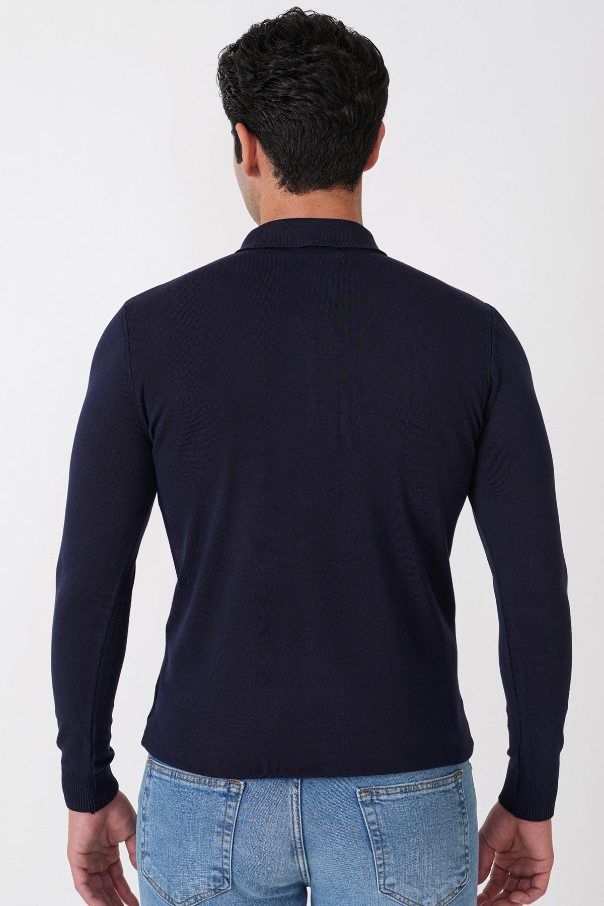 Slim Fit Esnek Pamuklu Fermuarlı Polo Yaka Lacivert Triko TR 902