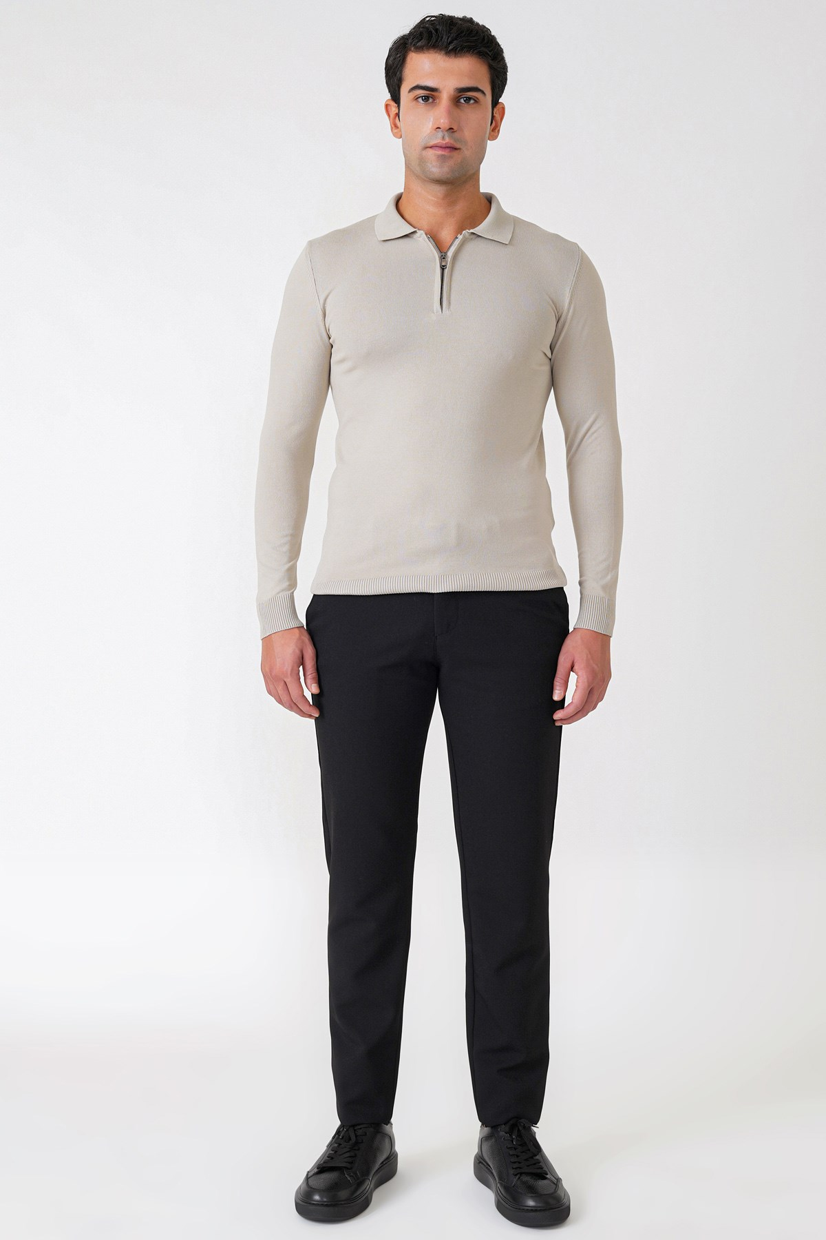 Slim Fit Esnek Pamuklu Fermuarlı Polo Yaka Taş Triko TR 902