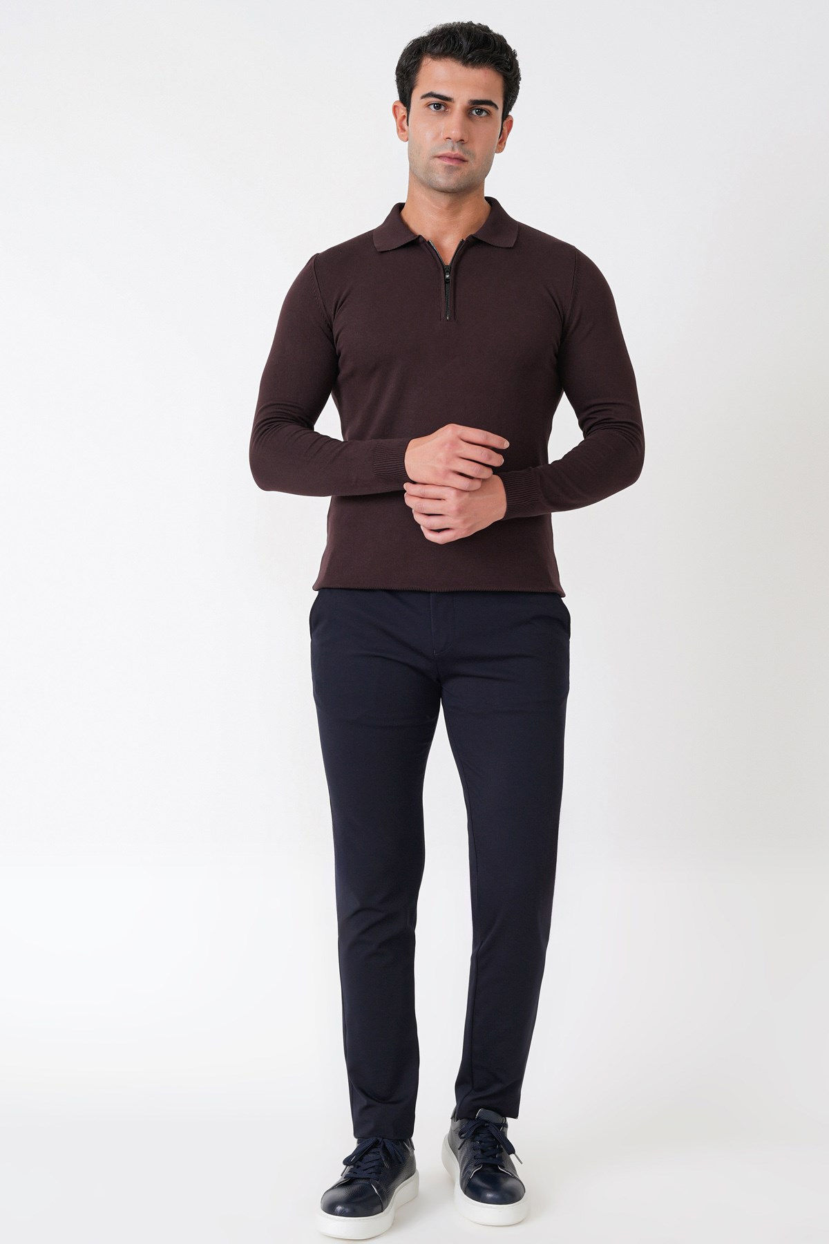 Slim Fit Esnek Pamuklu Fermuarlı Polo Yaka Kahverengi Triko TR 902