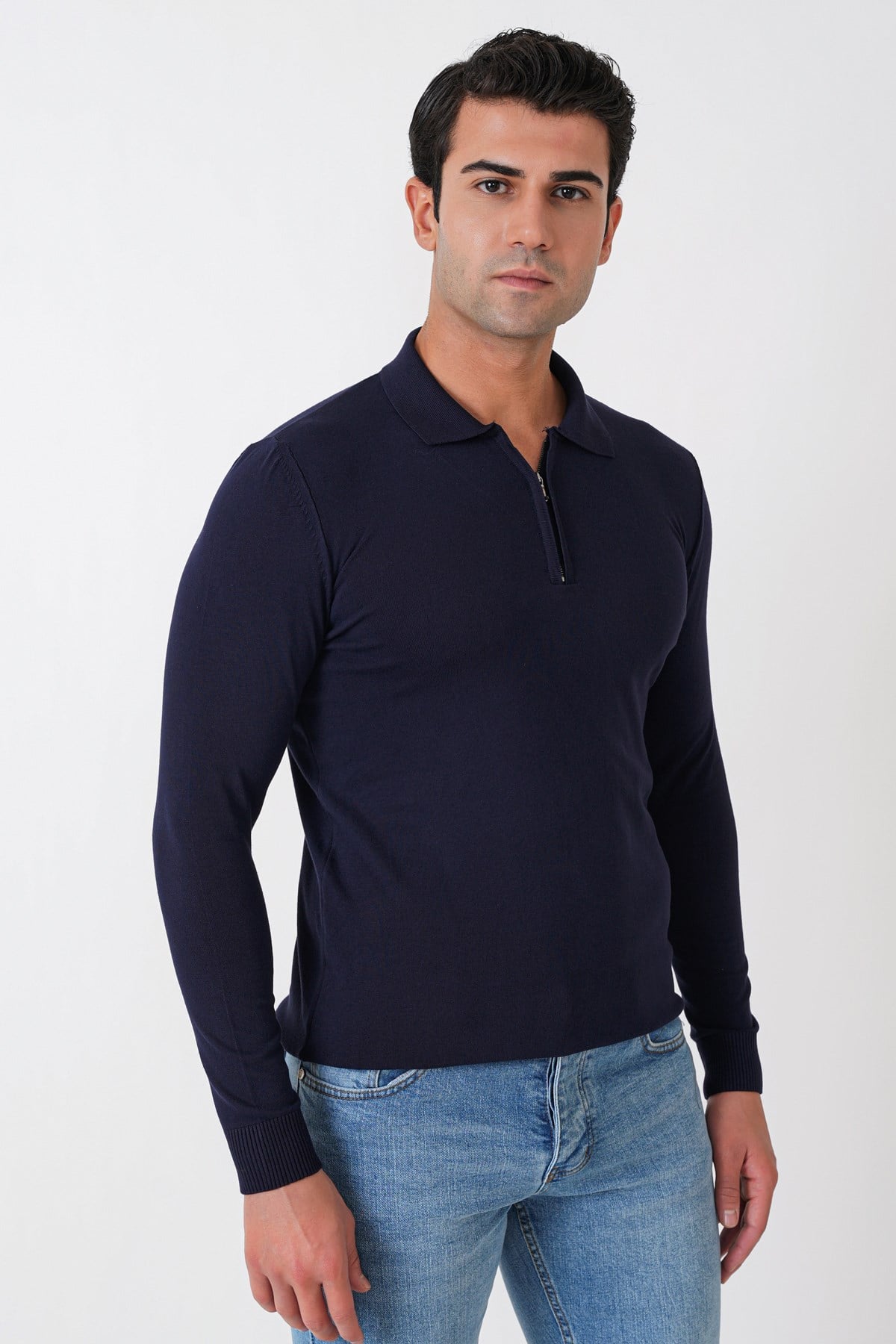 Slim Fit Esnek Pamuklu Fermuarlı Polo Yaka Lacivert Triko TR 902