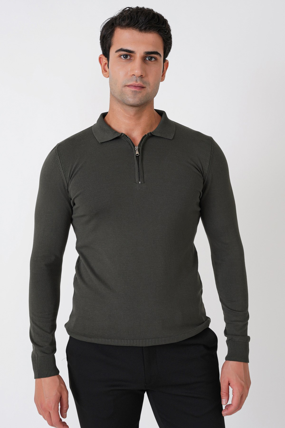 Slim Fit Esnek Pamuklu Fermuarlı Polo Yaka Haki Triko TR 902