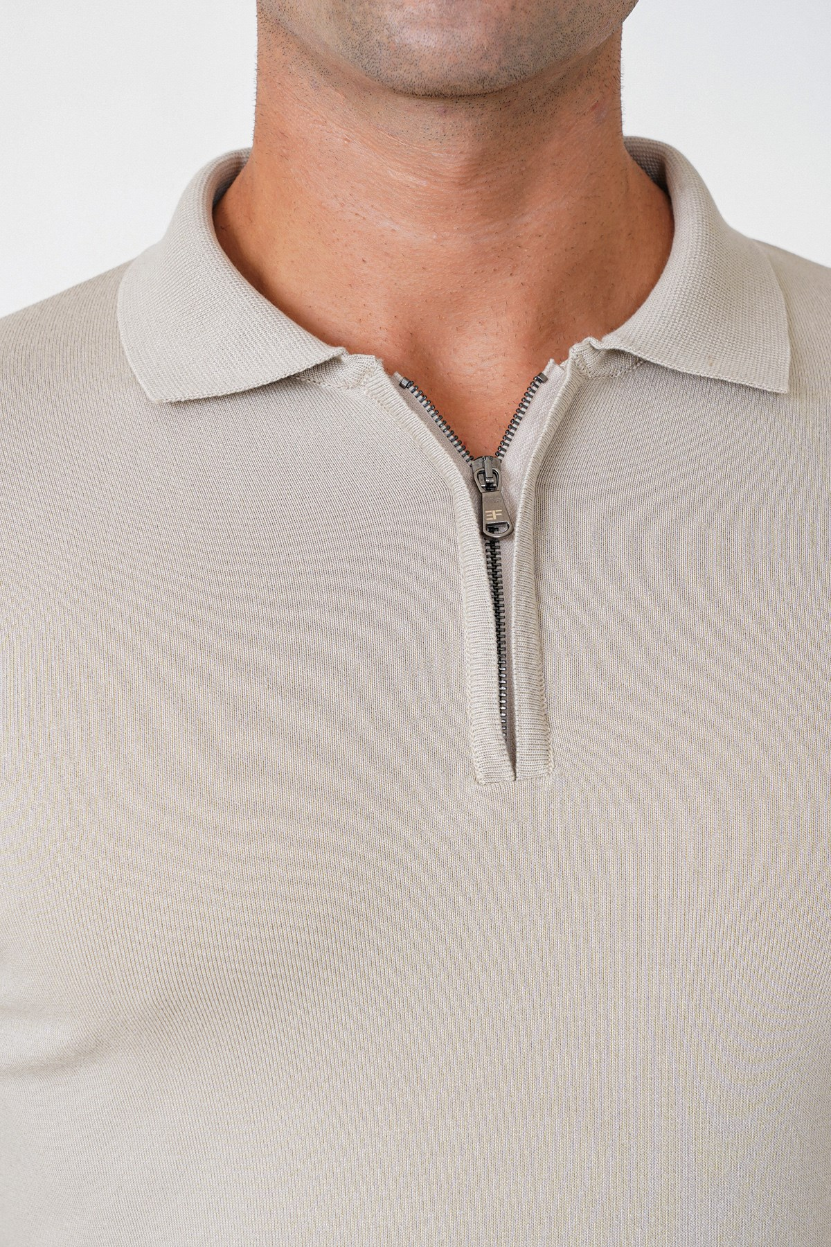 Slim Fit Esnek Pamuklu Fermuarlı Polo Yaka Taş Triko TR 902