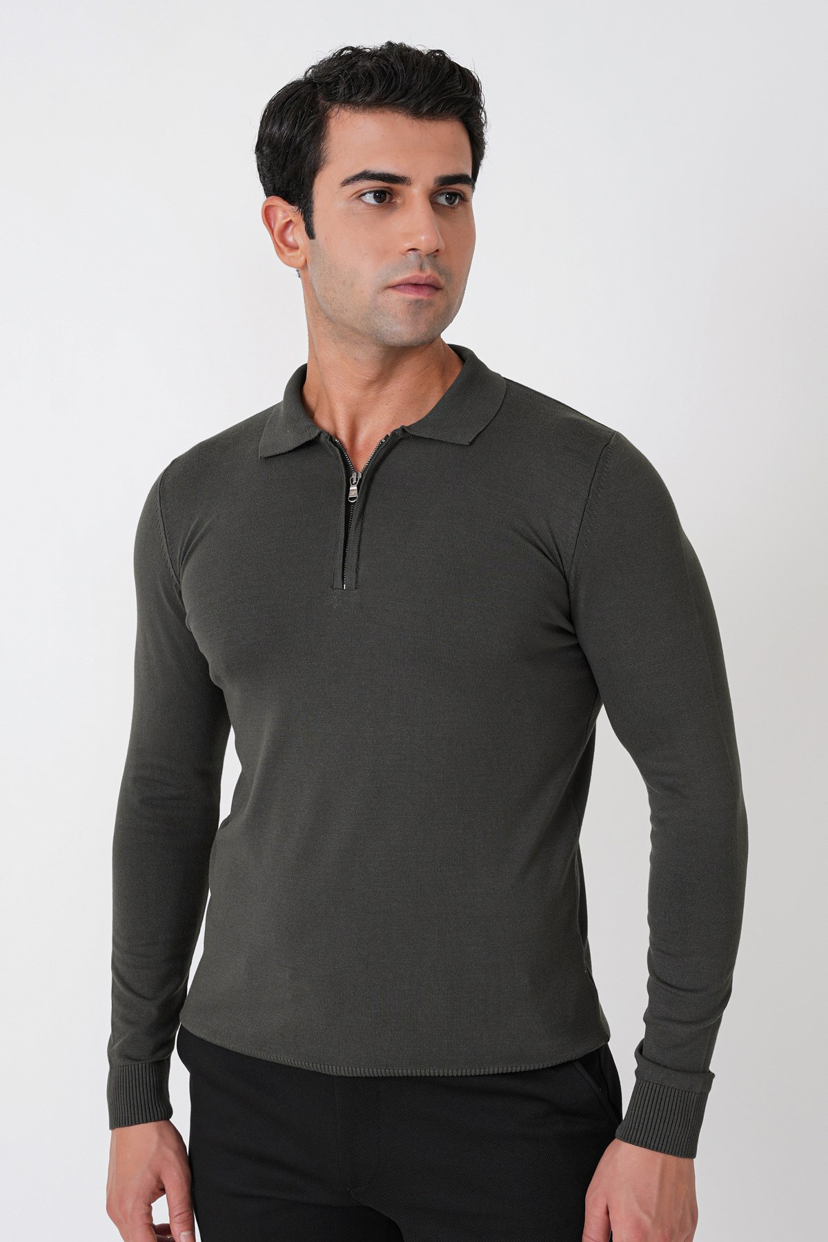 Slim Fit Esnek Pamuklu Fermuarlı Polo Yaka Haki Triko TR 902