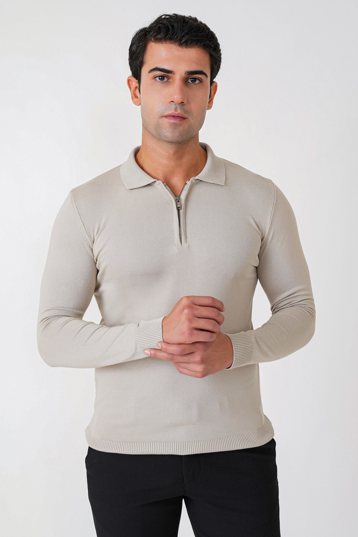 Slim Fit Esnek Pamuklu Fermuarlı Polo Yaka Taş Triko TR 902