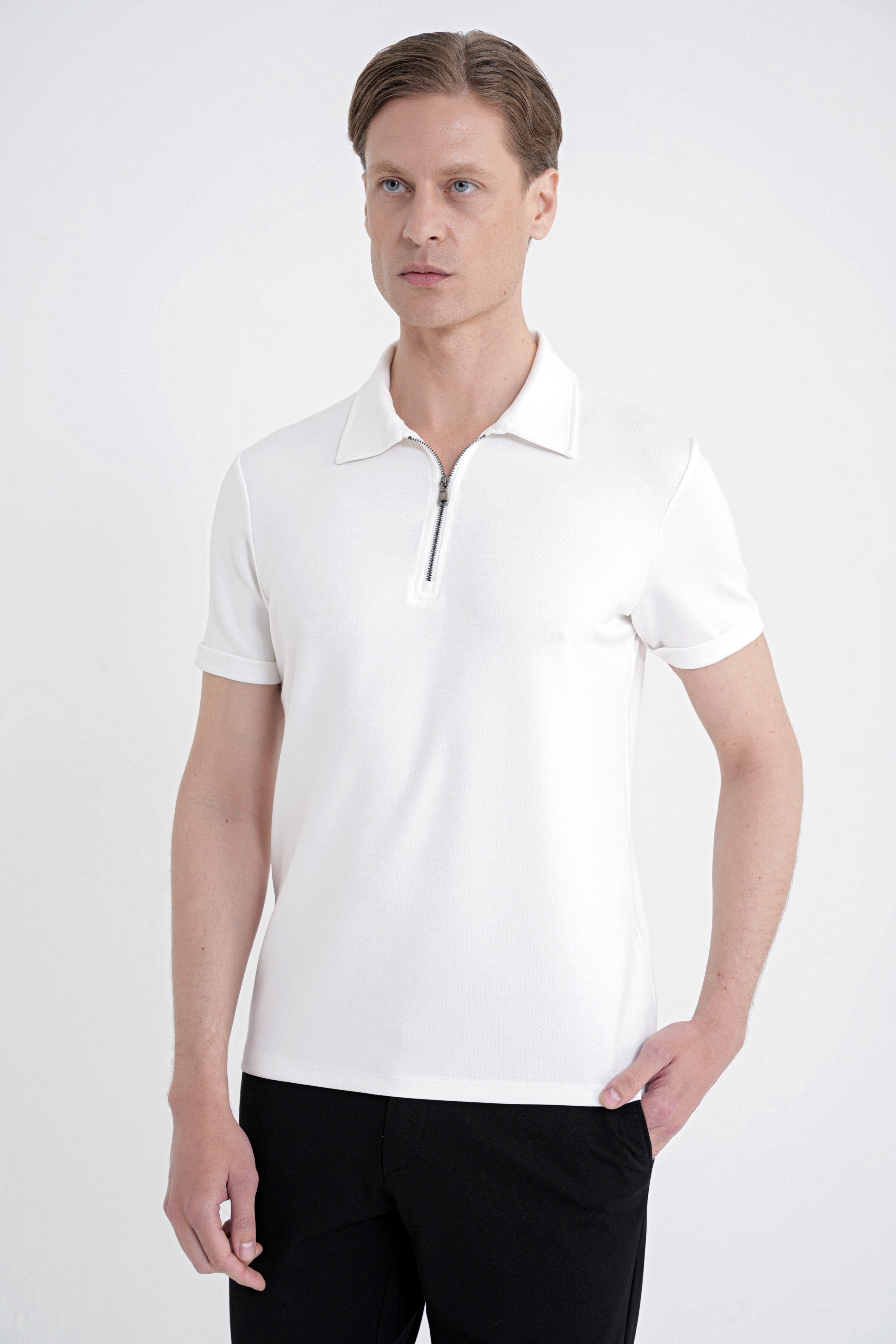 Slim Fit Esnek Pamuklu Fermuarlı Polo Yaka Ekru Tişört TS 926