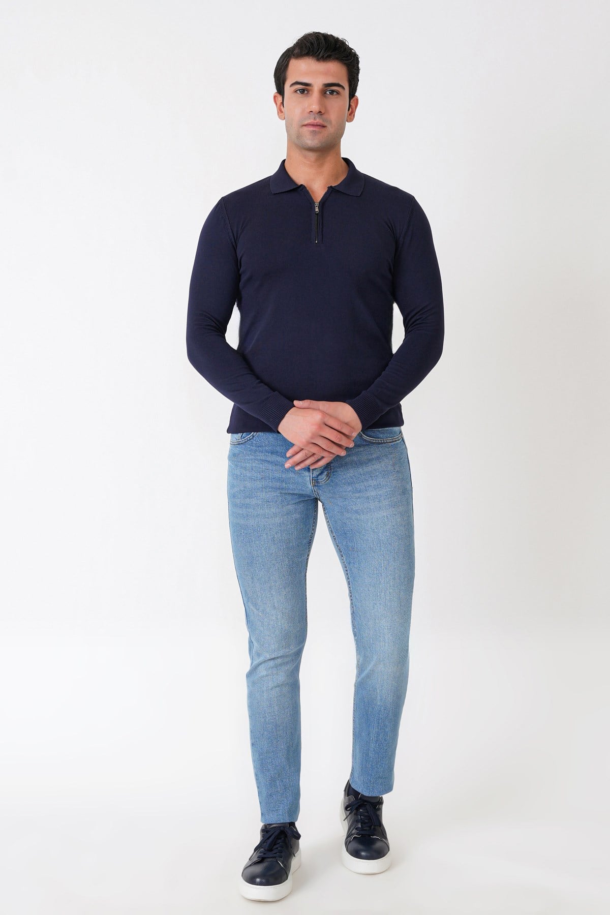 Slim Fit Esnek Pamuklu Fermuarlı Polo Yaka Lacivert Triko TR 902