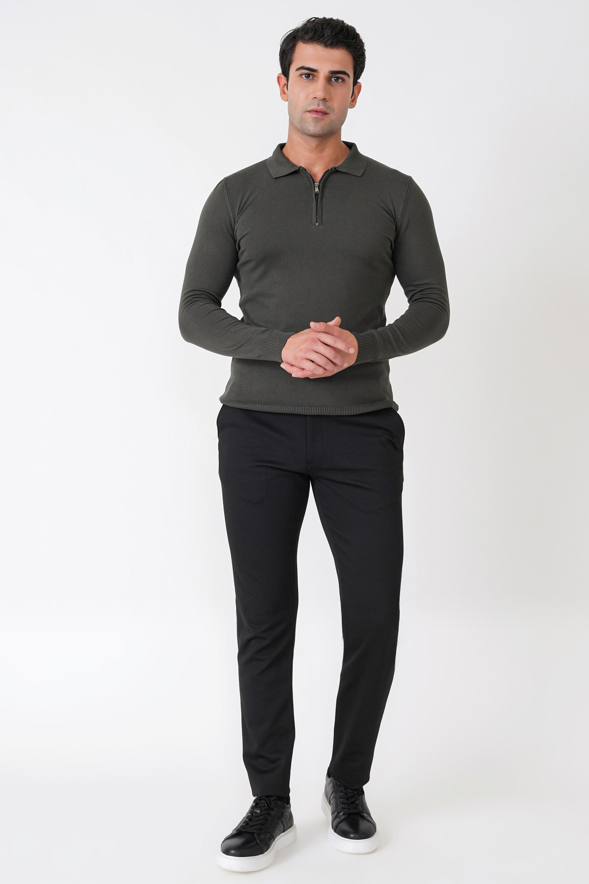 Slim Fit Esnek Pamuklu Fermuarlı Polo Yaka Haki Triko TR 902