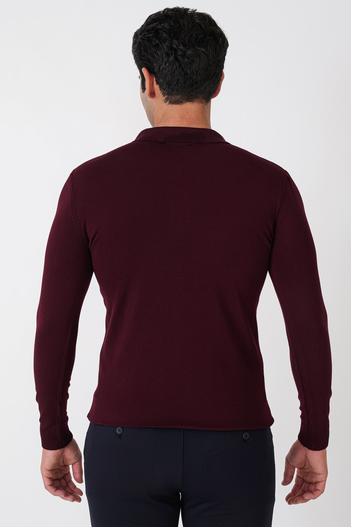 Slim Fit Esnek Pamuklu Fermuarlı Polo Yaka Bordo Triko TR 902