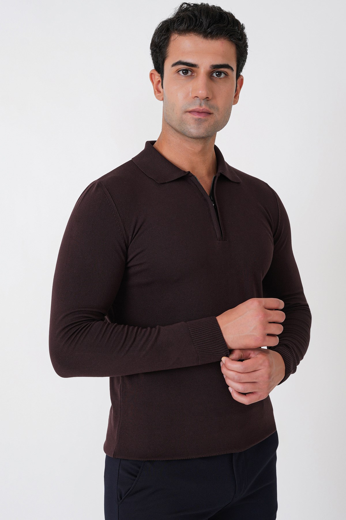 Slim Fit Esnek Pamuklu Fermuarlı Polo Yaka Kahverengi Triko TR 902