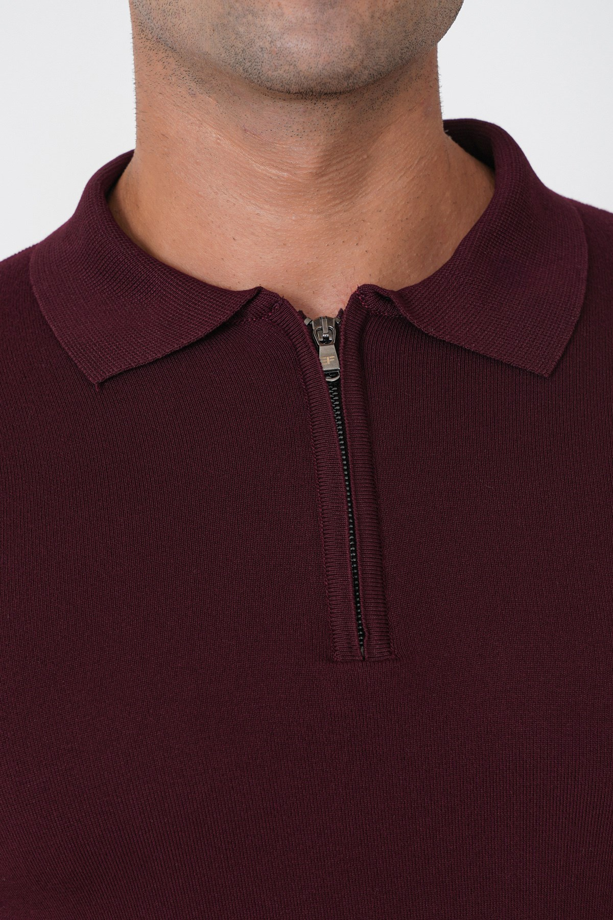 Slim Fit Esnek Pamuklu Fermuarlı Polo Yaka Bordo Triko TR 902
