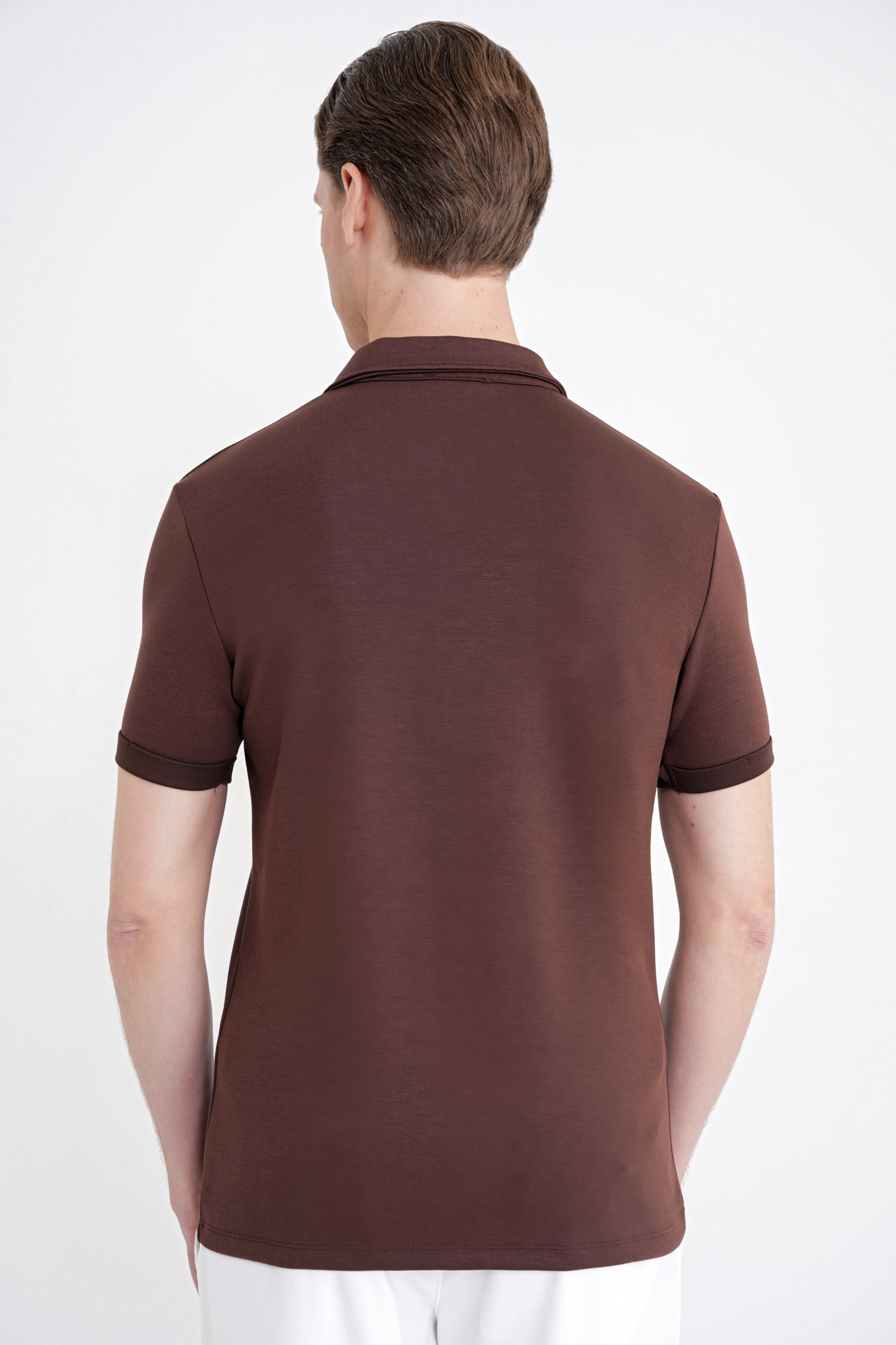 Slim Fit Esnek Pamuklu Fermuarlı Polo Yaka Kahverengi Tişört TS 926