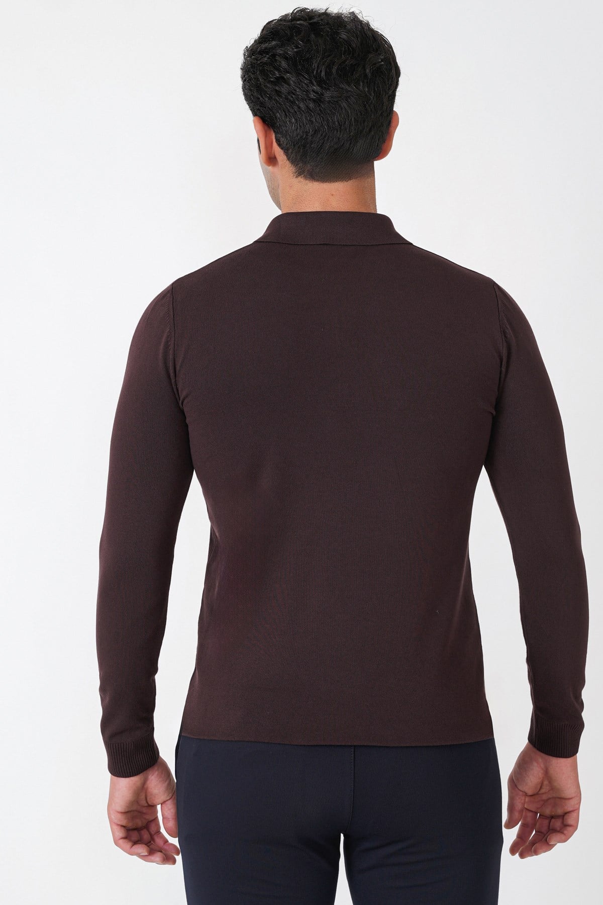 Slim Fit Esnek Pamuklu Fermuarlı Polo Yaka Kahverengi Triko TR 902